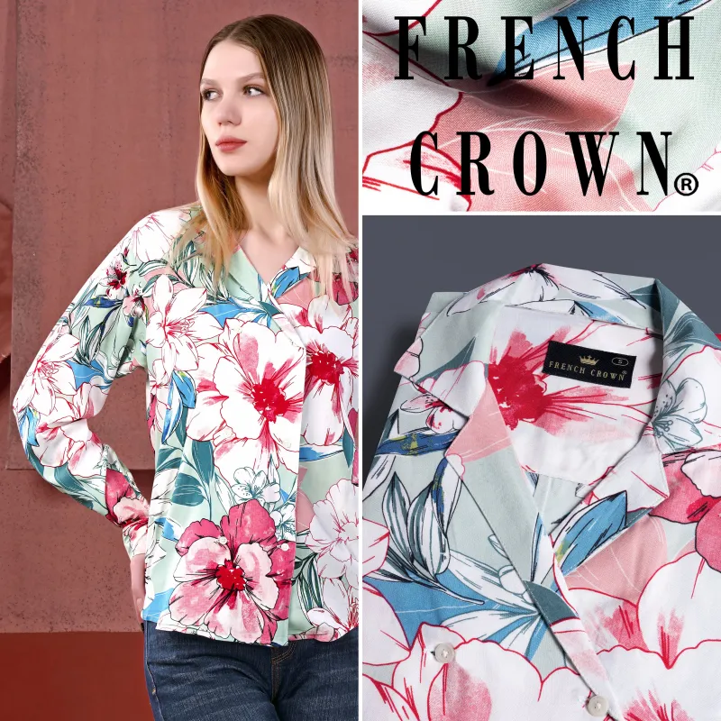 Bright White and Scarlet Red Multicolour Floral Printed Premium Tencel Shirt sold by French Crown