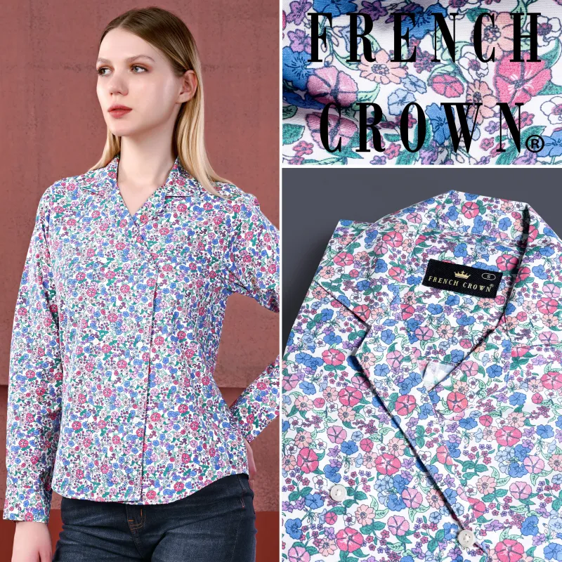 Bright White with Mauve Pink Multicolour Ditsy Printed Premium Cotton Designer Shirt sold by French Crown