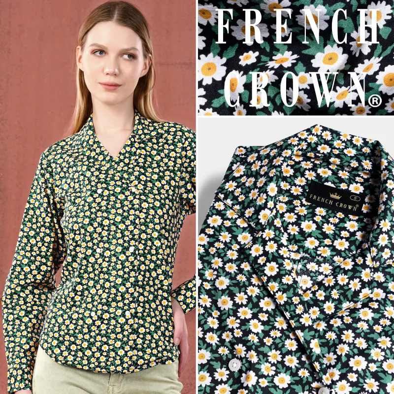 Jade Black and Bright White Ditsy Printed Premium Cotton Designer V Neck Shirt sold by French Crown