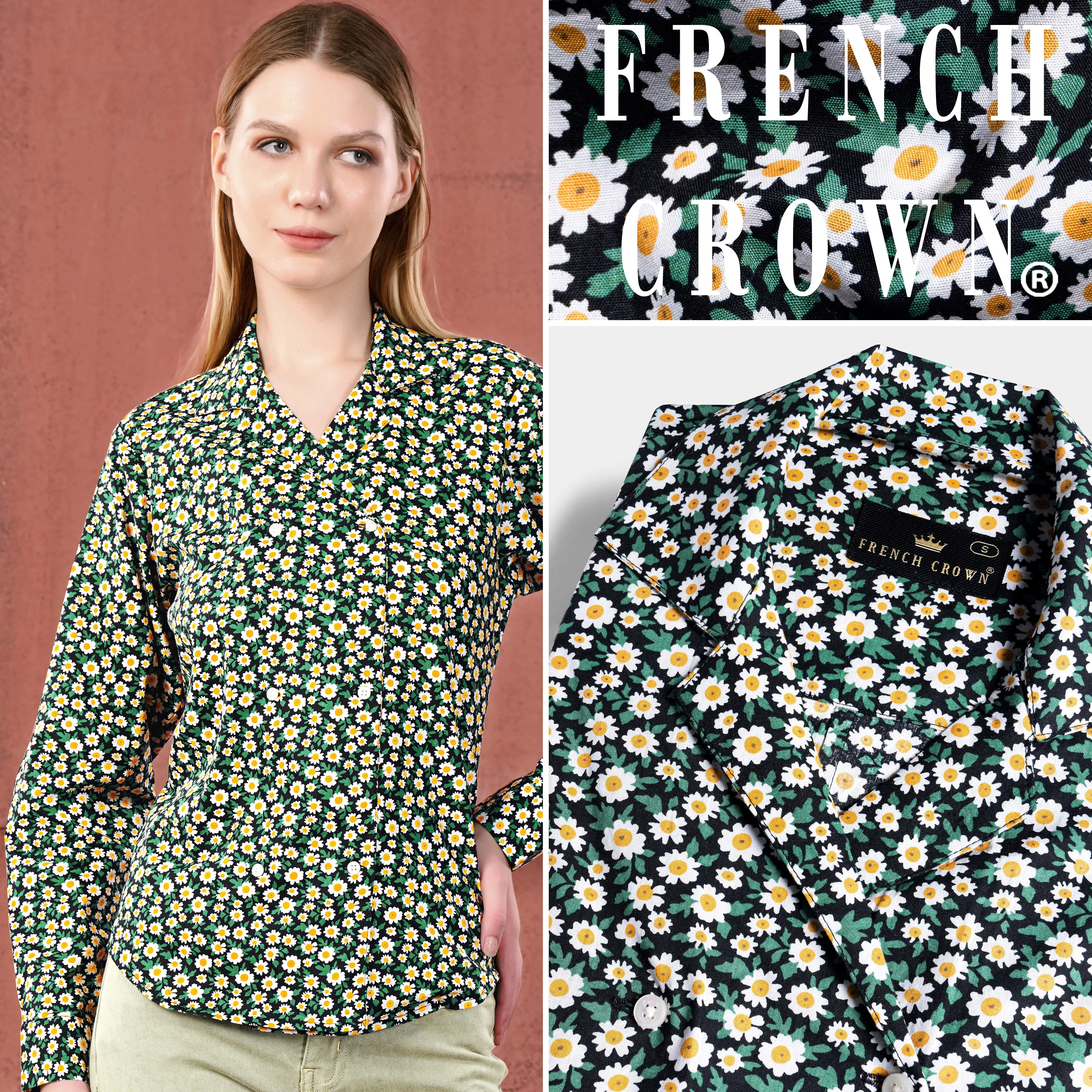 Jade Black and Bright White Ditsy Printed Premium Cotton Designer V Neck Shirt sold by French Crown