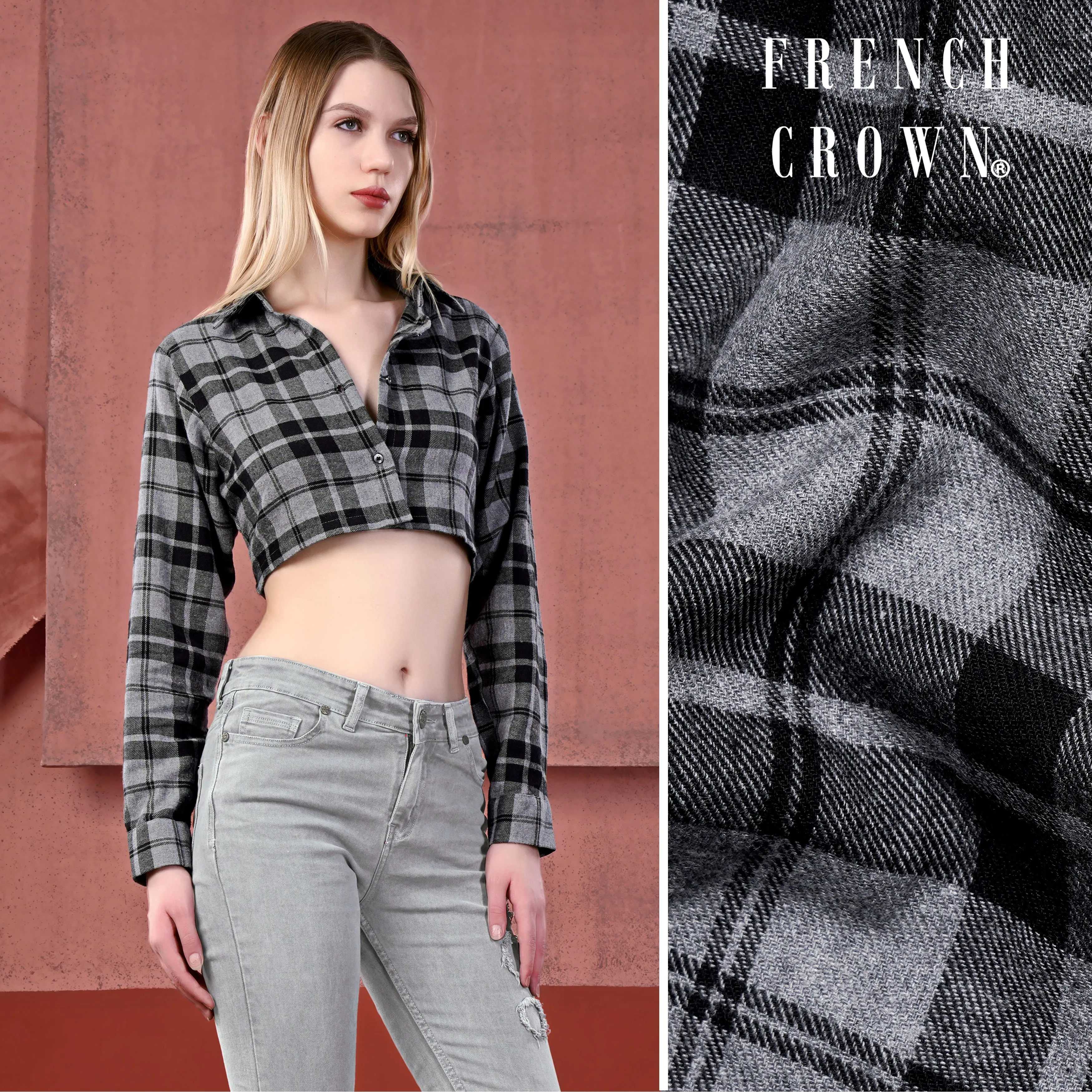Venus Gray and Tealish Black Flannel Plaid Crop Shirt sold by French Crown