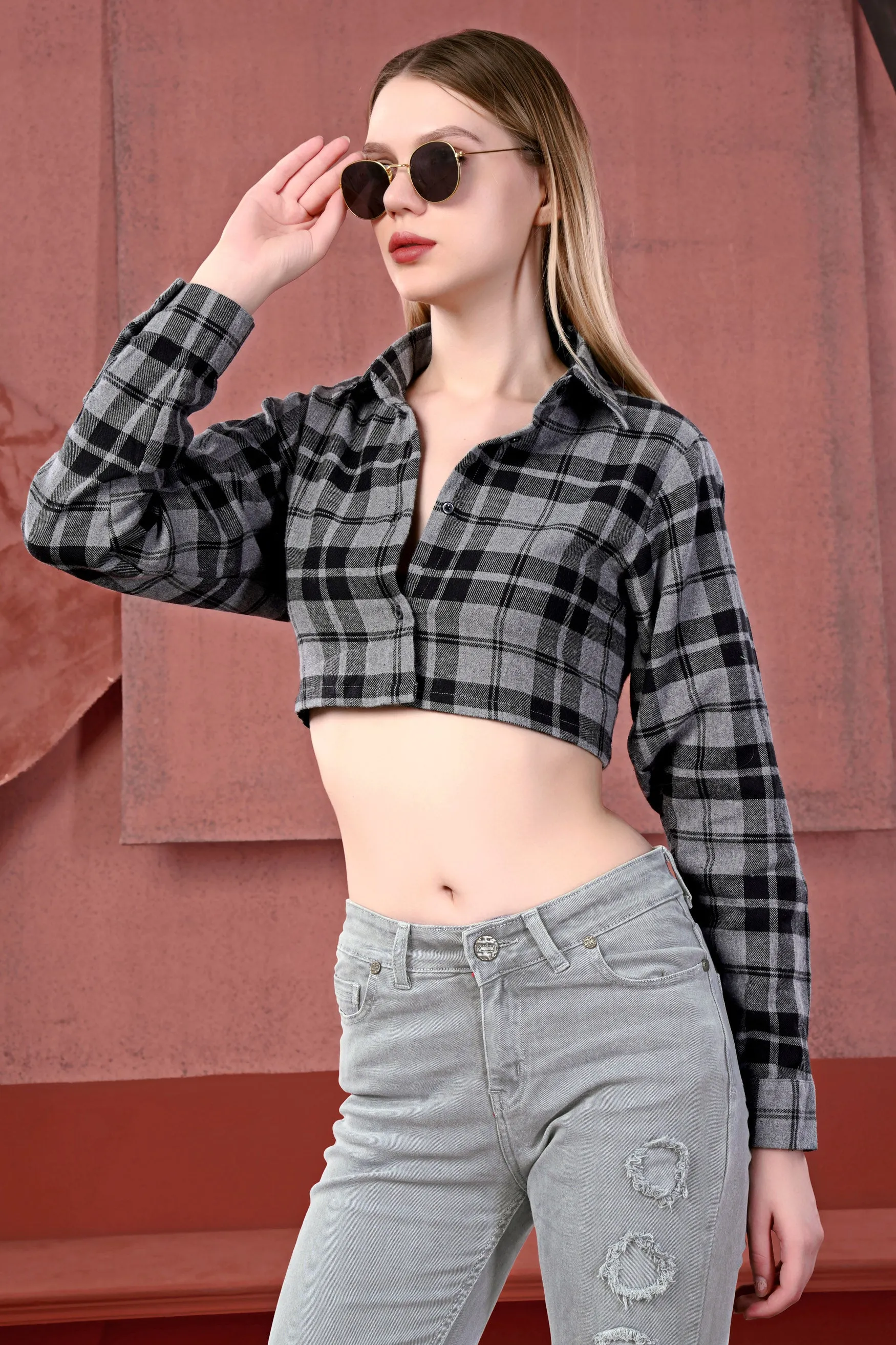 Venus Gray and Tealish Black Flannel Plaid Crop Shirt sold by French Crown product image thumbnail 4