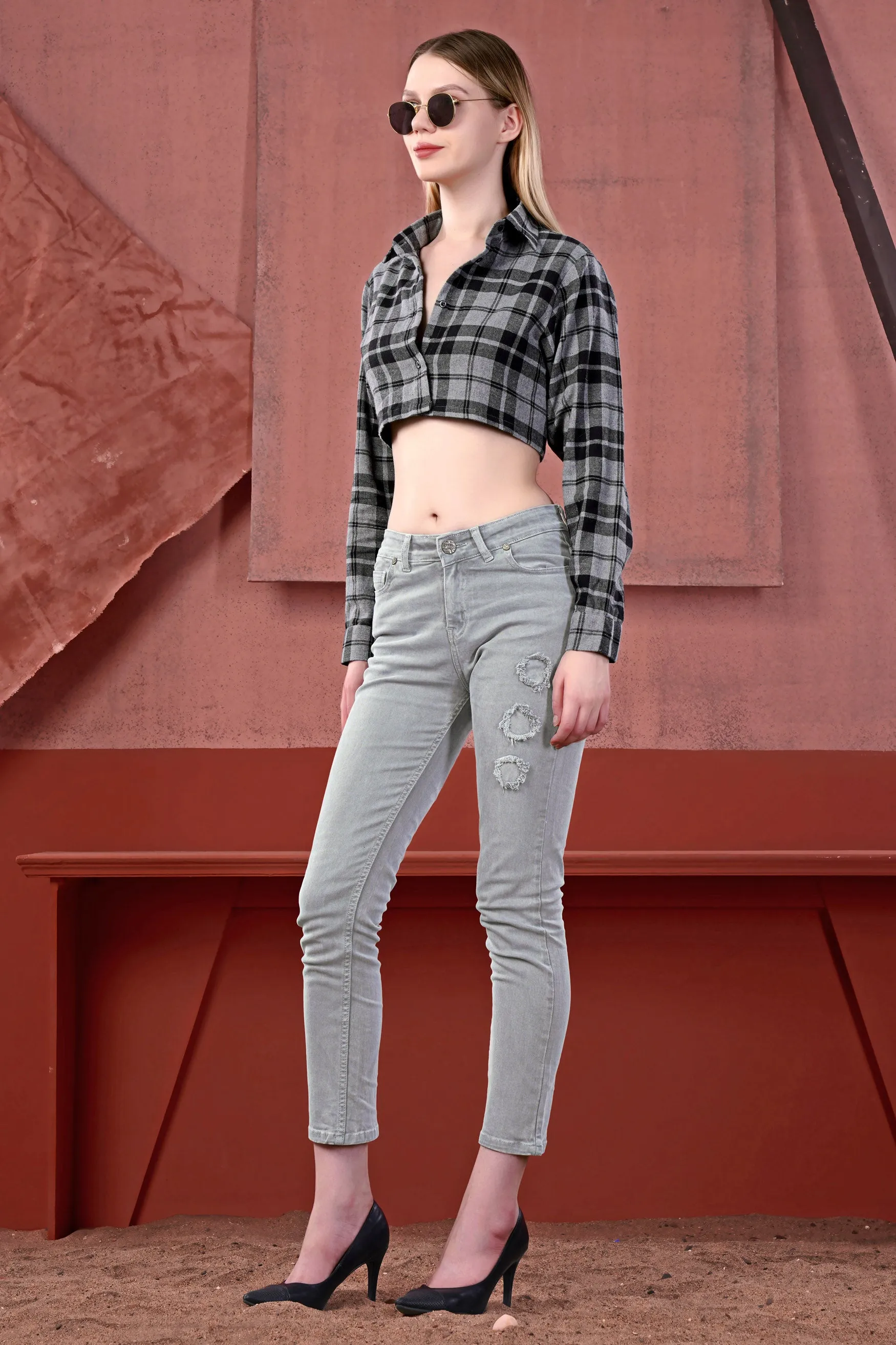 Venus Gray and Tealish Black Flannel Plaid Crop Shirt sold by French Crown product image thumbnail 5