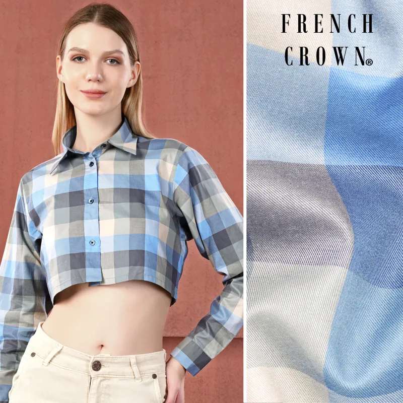 Chateau Gray with Glacier Blue Multicolour Checked Premium Cotton Crop Shirt made by French Crown