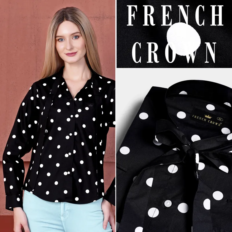Jade Black and Bright White Polka Dots Premium Cotton Shirt With Tie-up Neck sold by French Crown