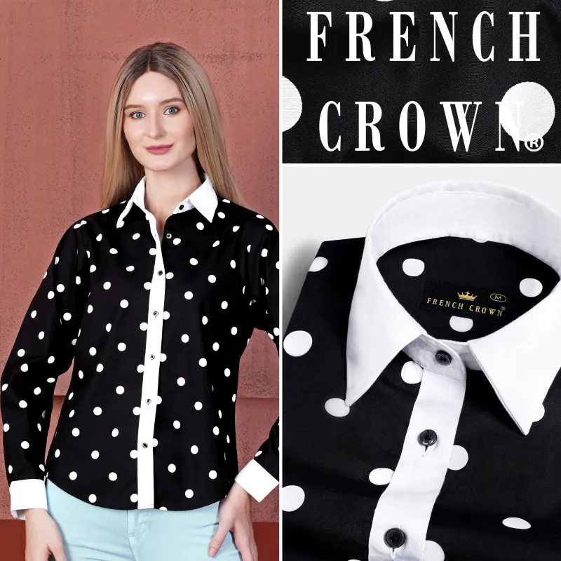Jade Black and White Polka Dots Premium Cotton Shirt With White Cuff and Collar sold by French Crown