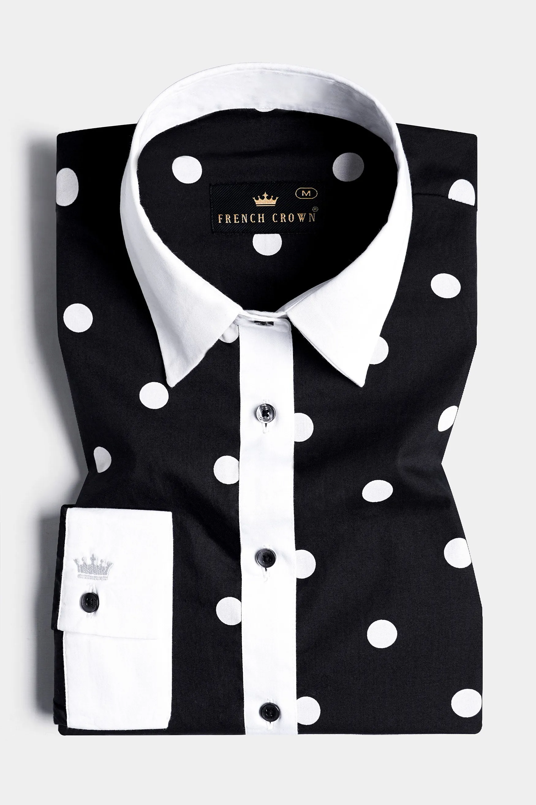 Jade Black and White Polka Dots Premium Cotton Shirt With White Cuff and Collar sold by French Crown product image thumbnail 5