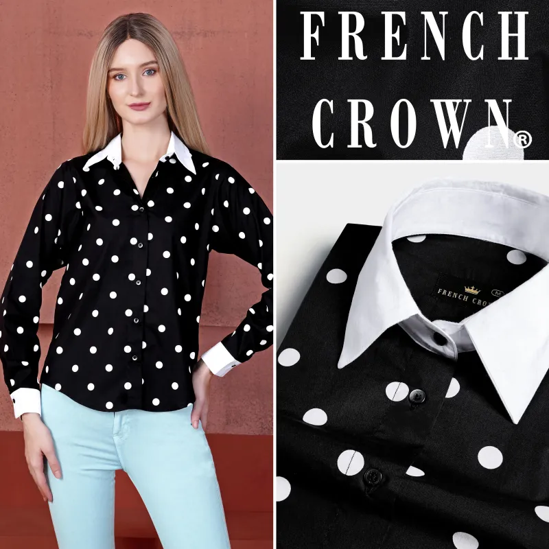 Jade Black and White Polka Dots Premium Cotton Shirt With White Cuffs and Collar sold by French Crown