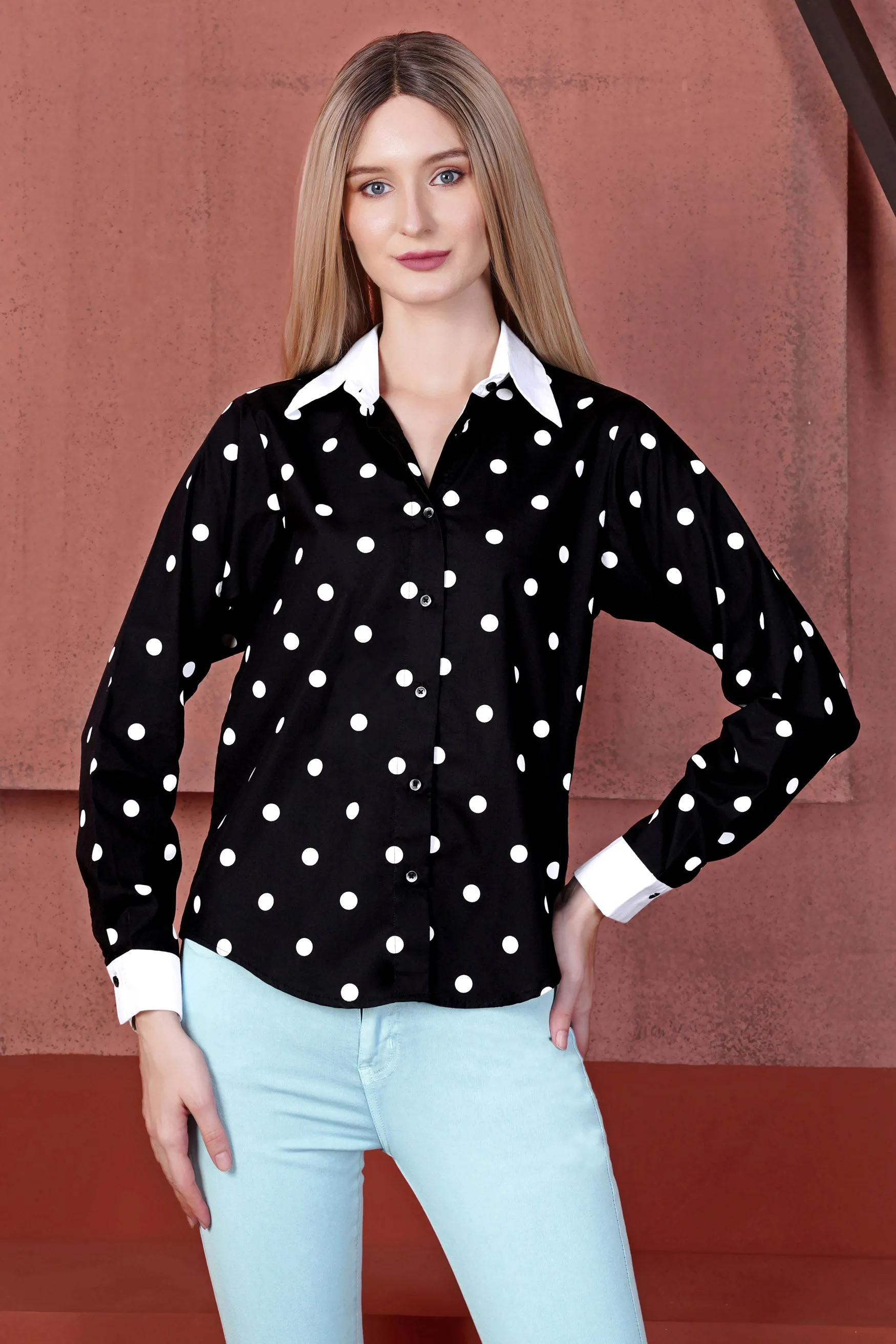 Jade Black and White Polka Dots Premium Cotton Shirt With White Cuffs and Collar sold by French Crown product image thumbnail 2