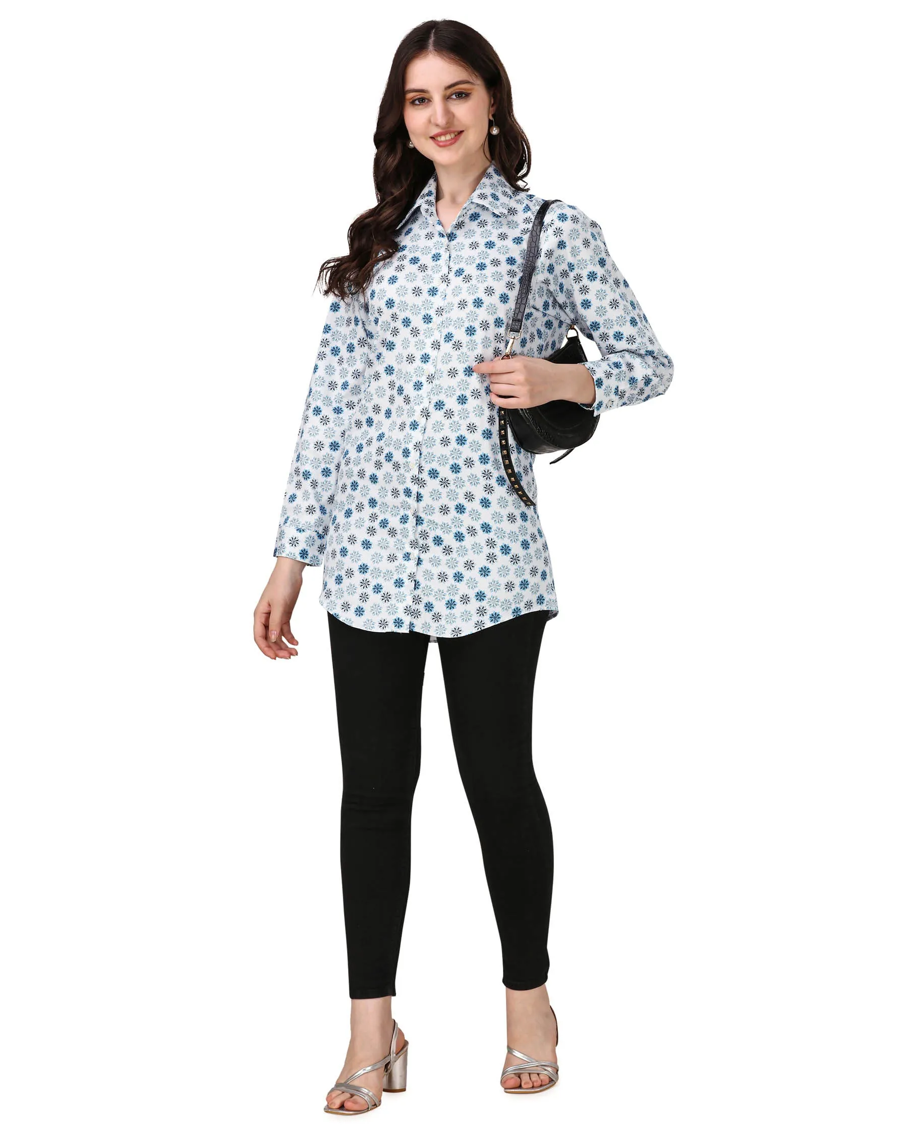 Bright White with Curious Blue Printed Super Soft Premium Cotton Women’s Shirt sold by French Crown product image thumbnail 5