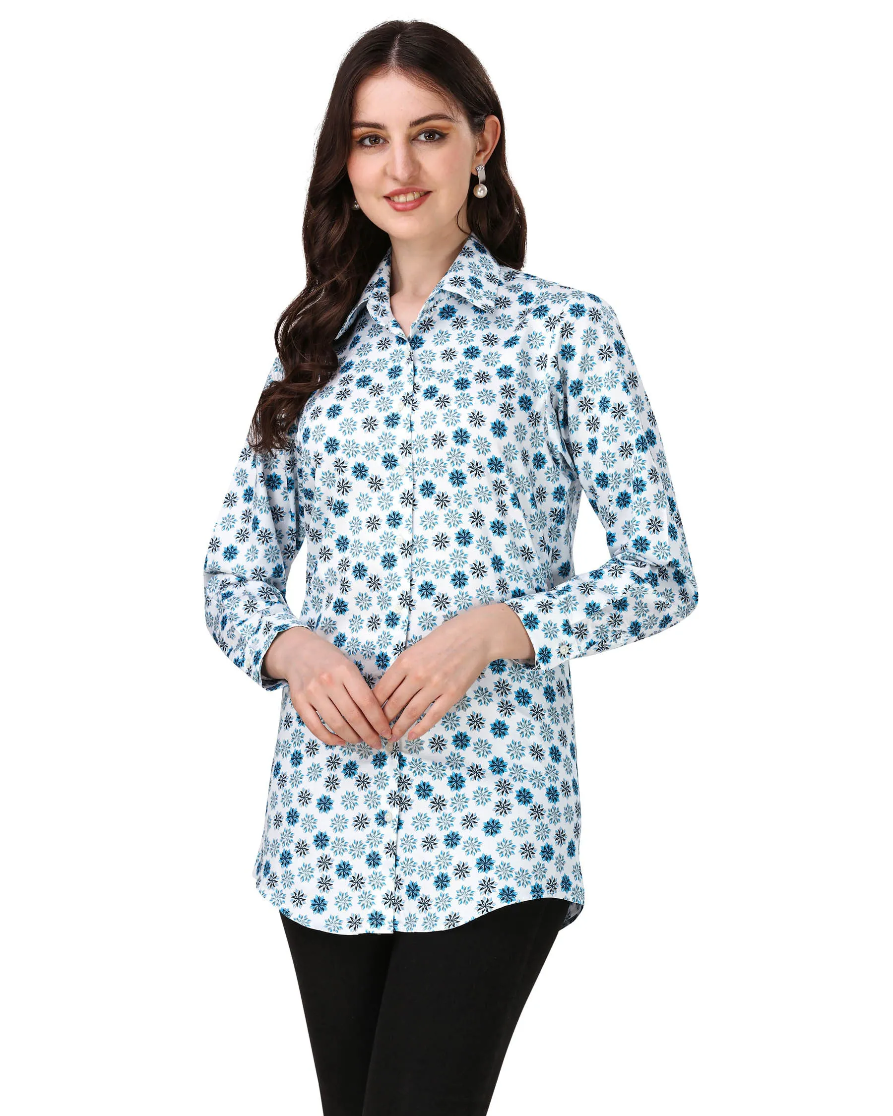 Bright White with Curious Blue Printed Super Soft Premium Cotton Women’s Shirt sold by French Crown product image thumbnail 2