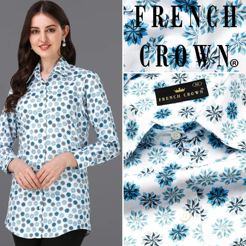 Bright White with Curious Blue Printed Super Soft Premium Cotton Women’s Shirt sold by French Crown