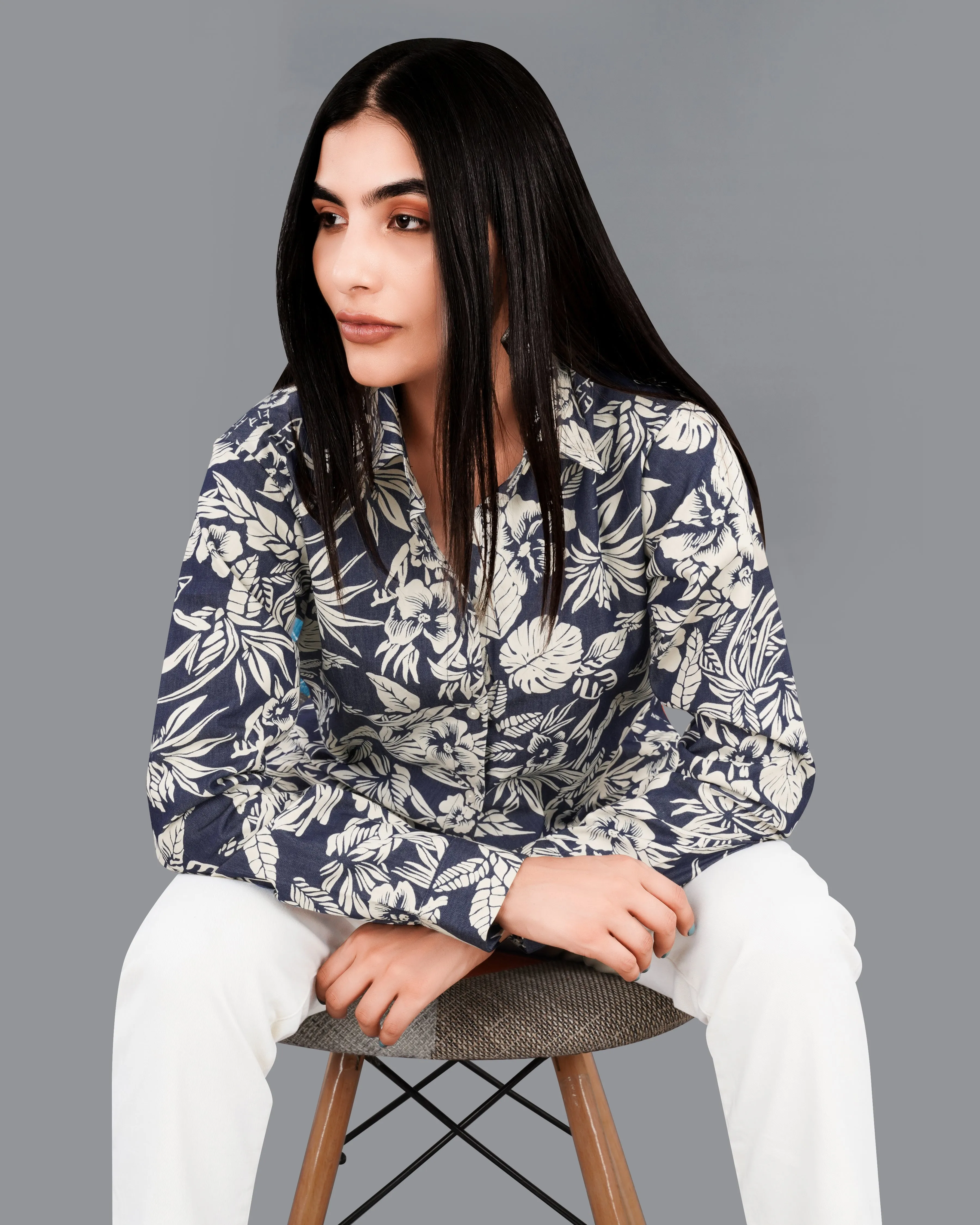 Limed Spruce Blue with Mercury Cream Floral Printed Premium Cotton Denim Shirt sold by French Crown product image thumbnail 2