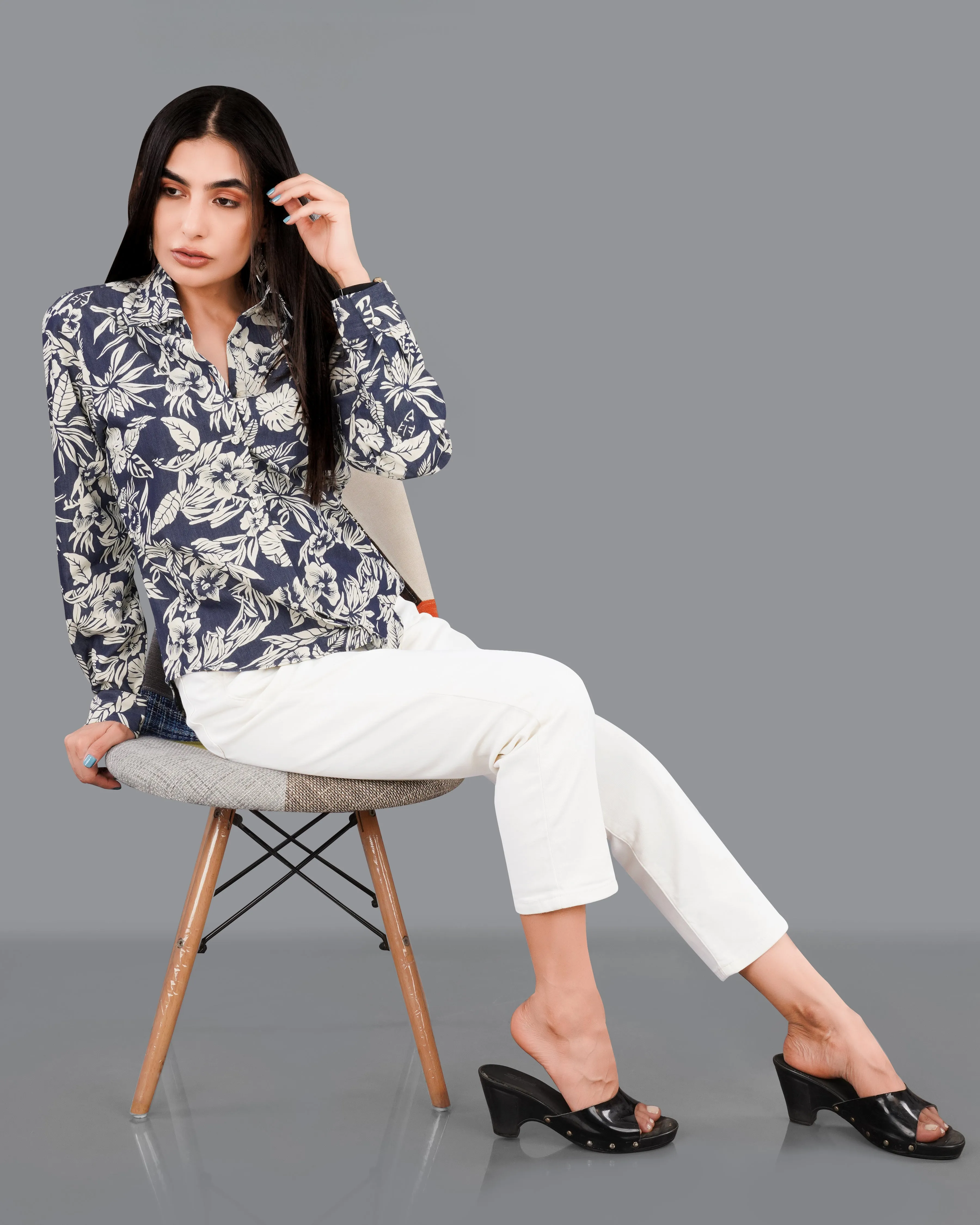 Limed Spruce Blue with Mercury Cream Floral Printed Premium Cotton Denim Shirt sold by French Crown product image thumbnail 5