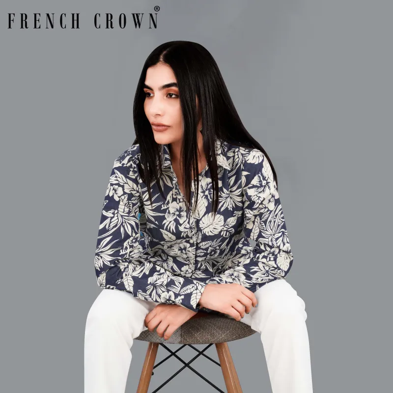 Limed Spruce Blue with Mercury Cream Floral Printed Premium Cotton Denim Shirt sold by French Crown