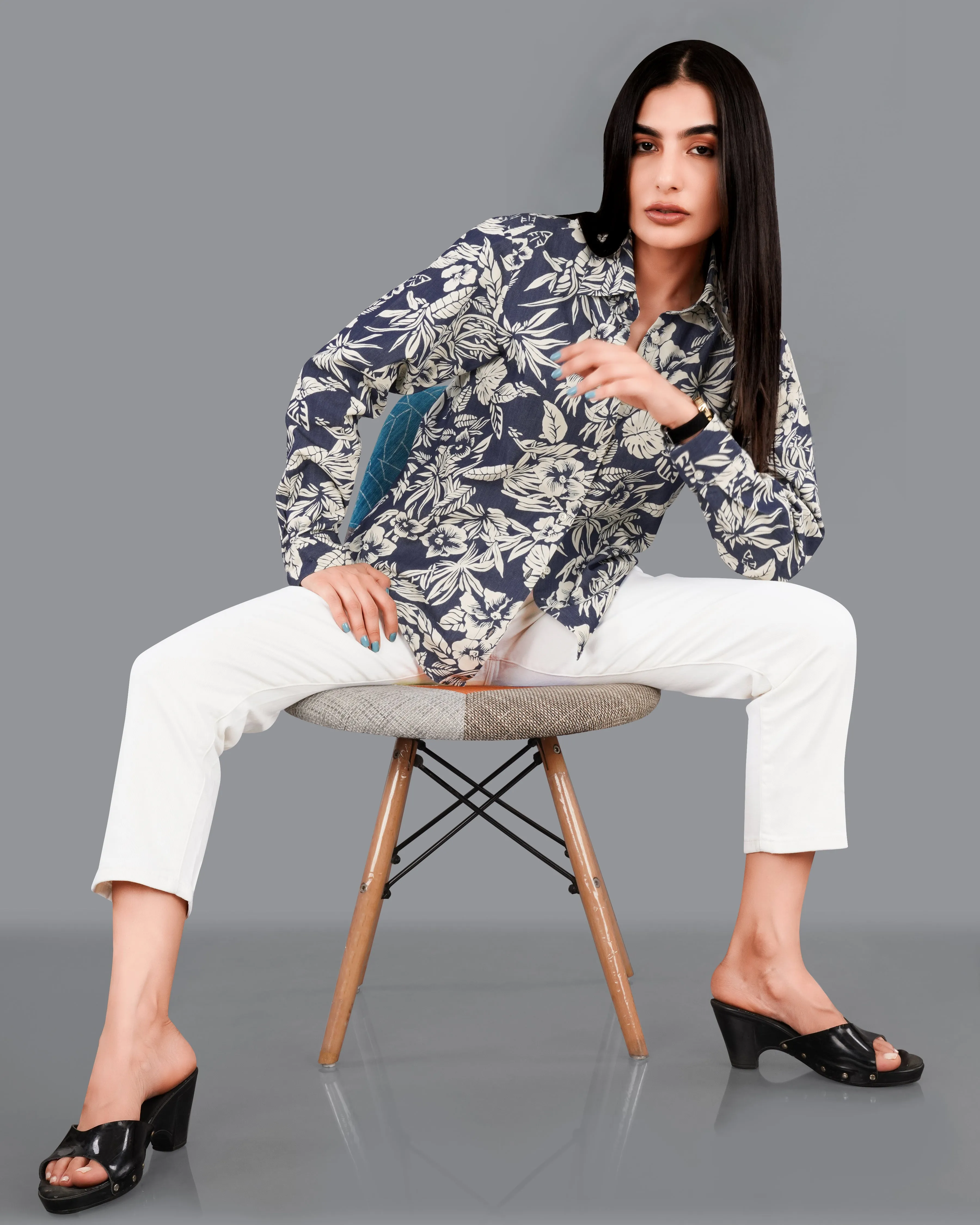 Limed Spruce Blue with Mercury Cream Floral Printed Premium Cotton Denim Shirt sold by French Crown product image thumbnail 4