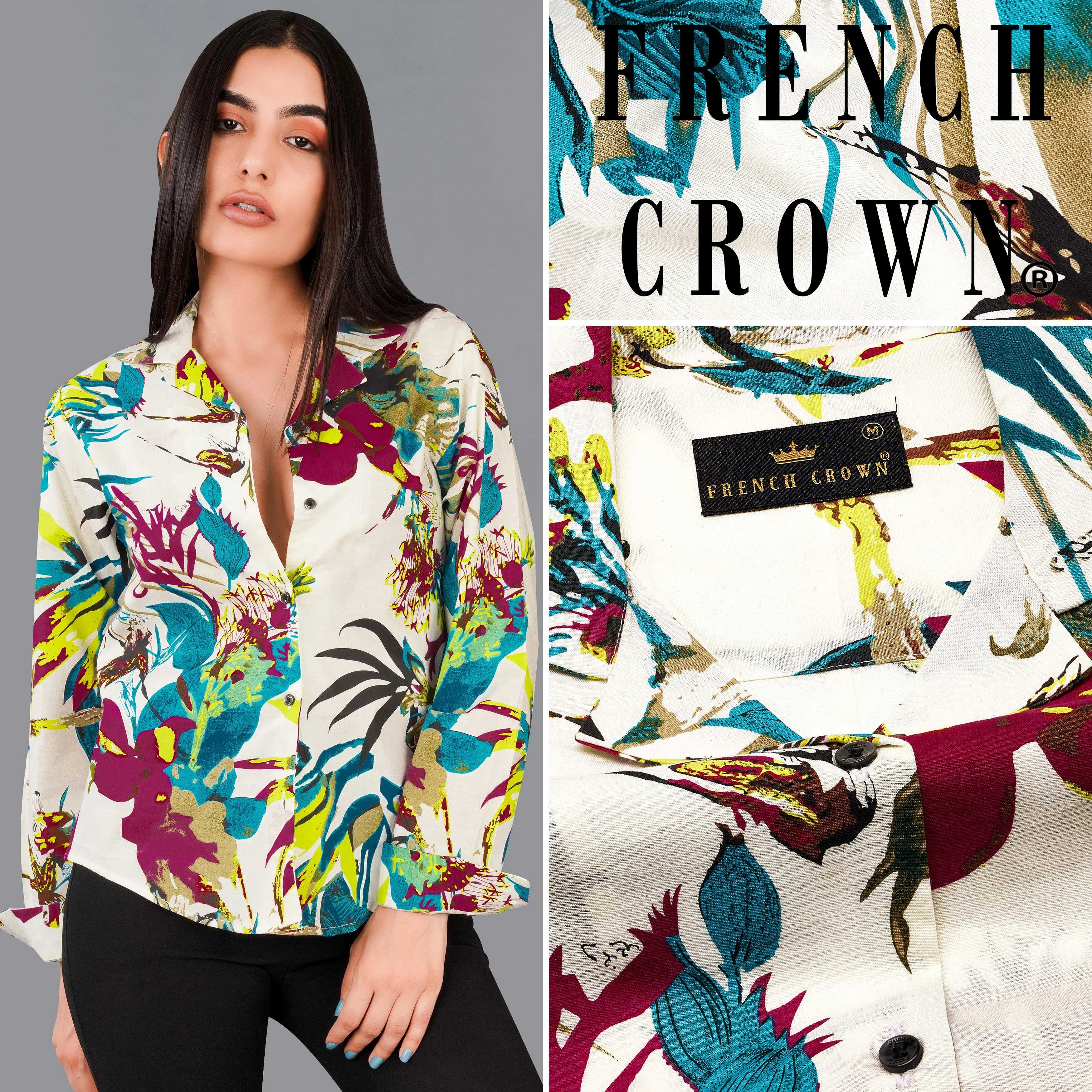 Off White Multicolour Printed Premium Cotton Shirt sold by French Crown