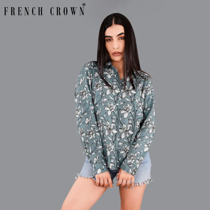 Turquoise Gray Floral Printed Premium Tencel Shirt sold by French Crown