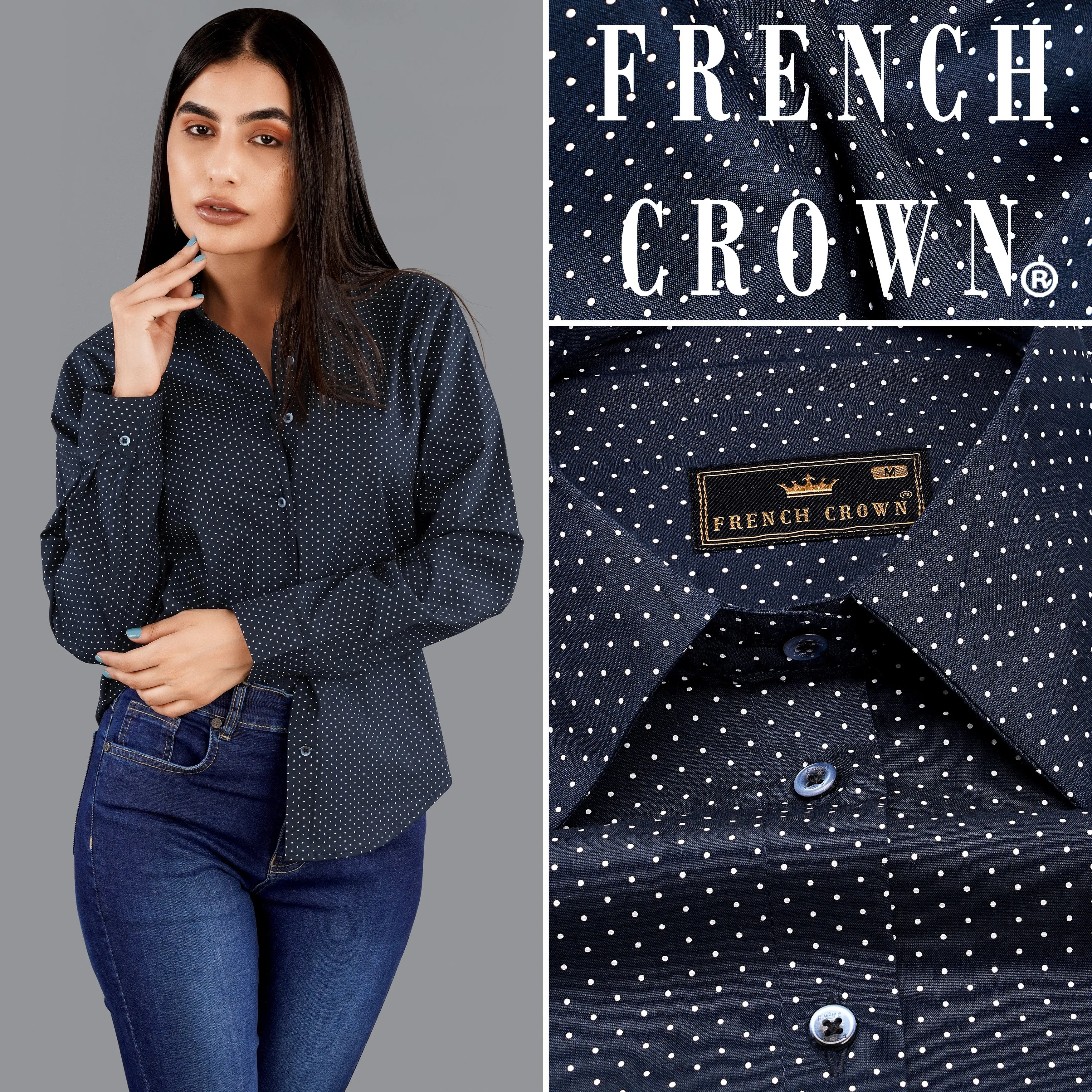 Ebony Clay Blue Polka Dots Premium Cotton Shirt sold by French Crown