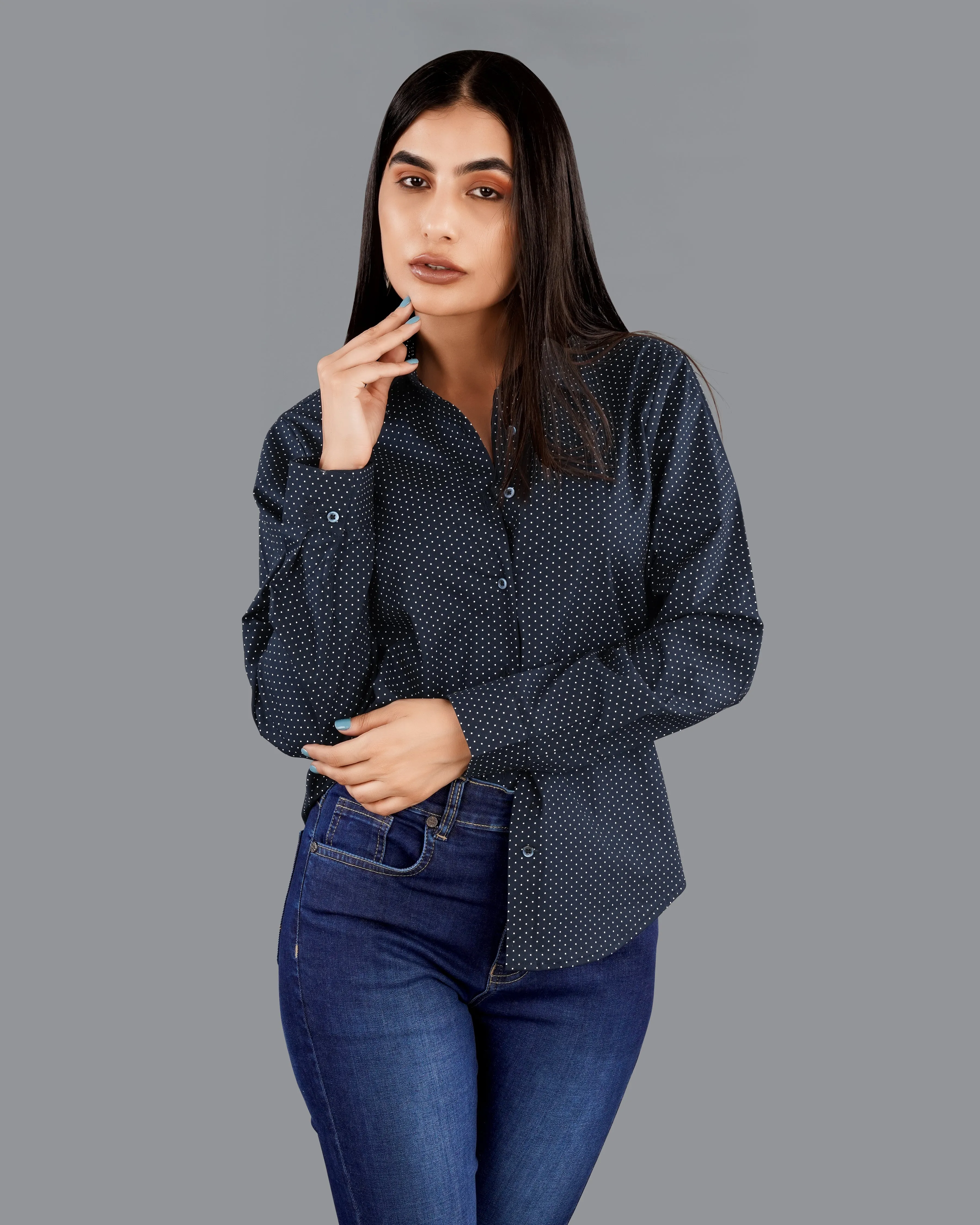 Ebony Clay Blue Polka Dots Premium Cotton Shirt sold by French Crown product image thumbnail 2