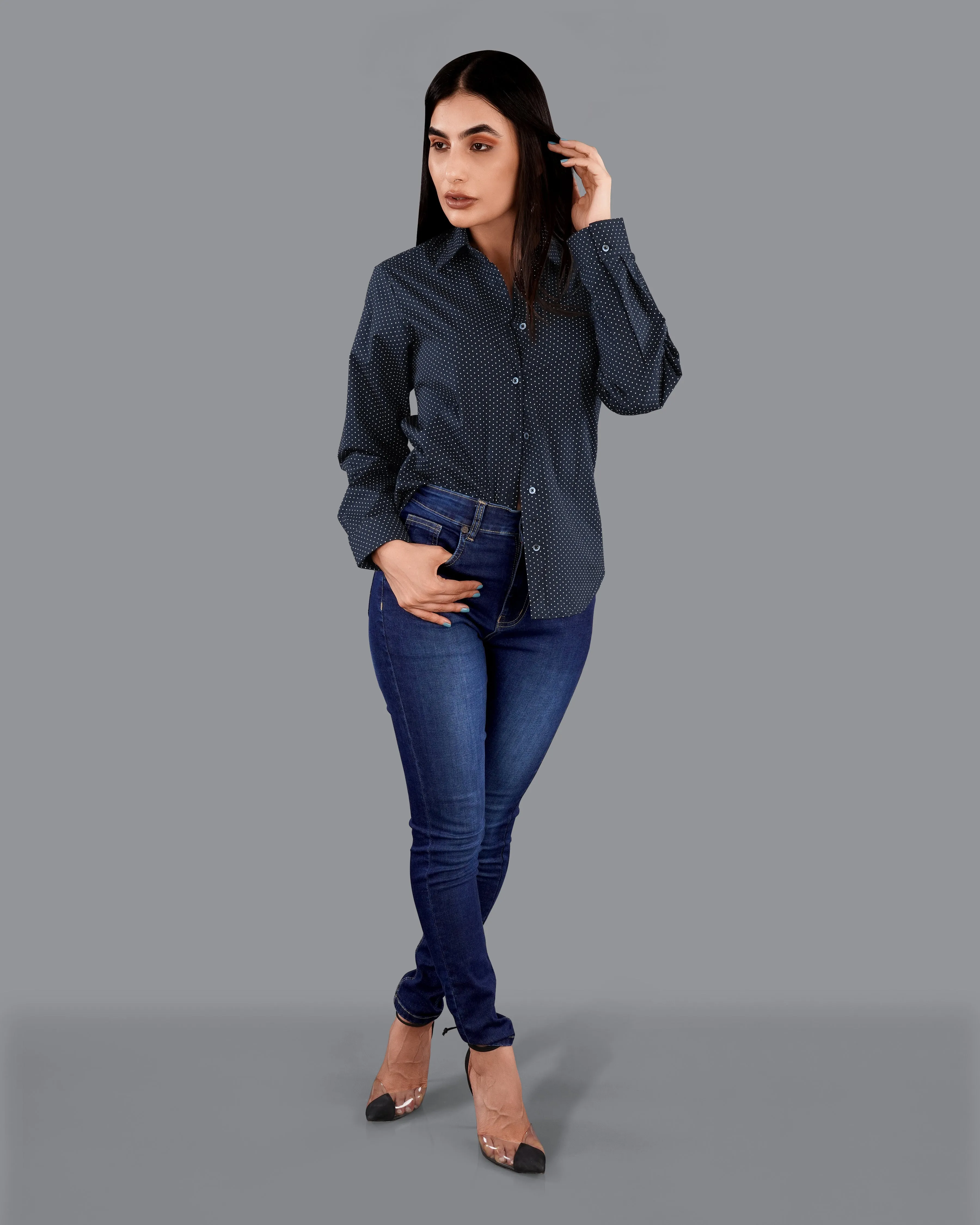 Ebony Clay Blue Polka Dots Premium Cotton Shirt sold by French Crown product image thumbnail 4