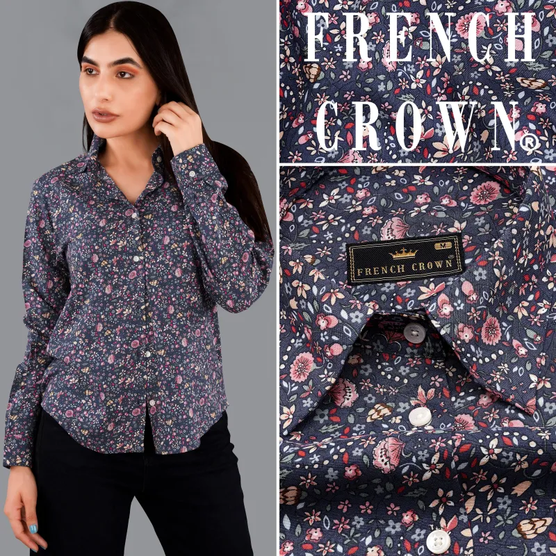 Ebony Blue Ditsy Printed Premium Tencel Shirt sold by French Crown