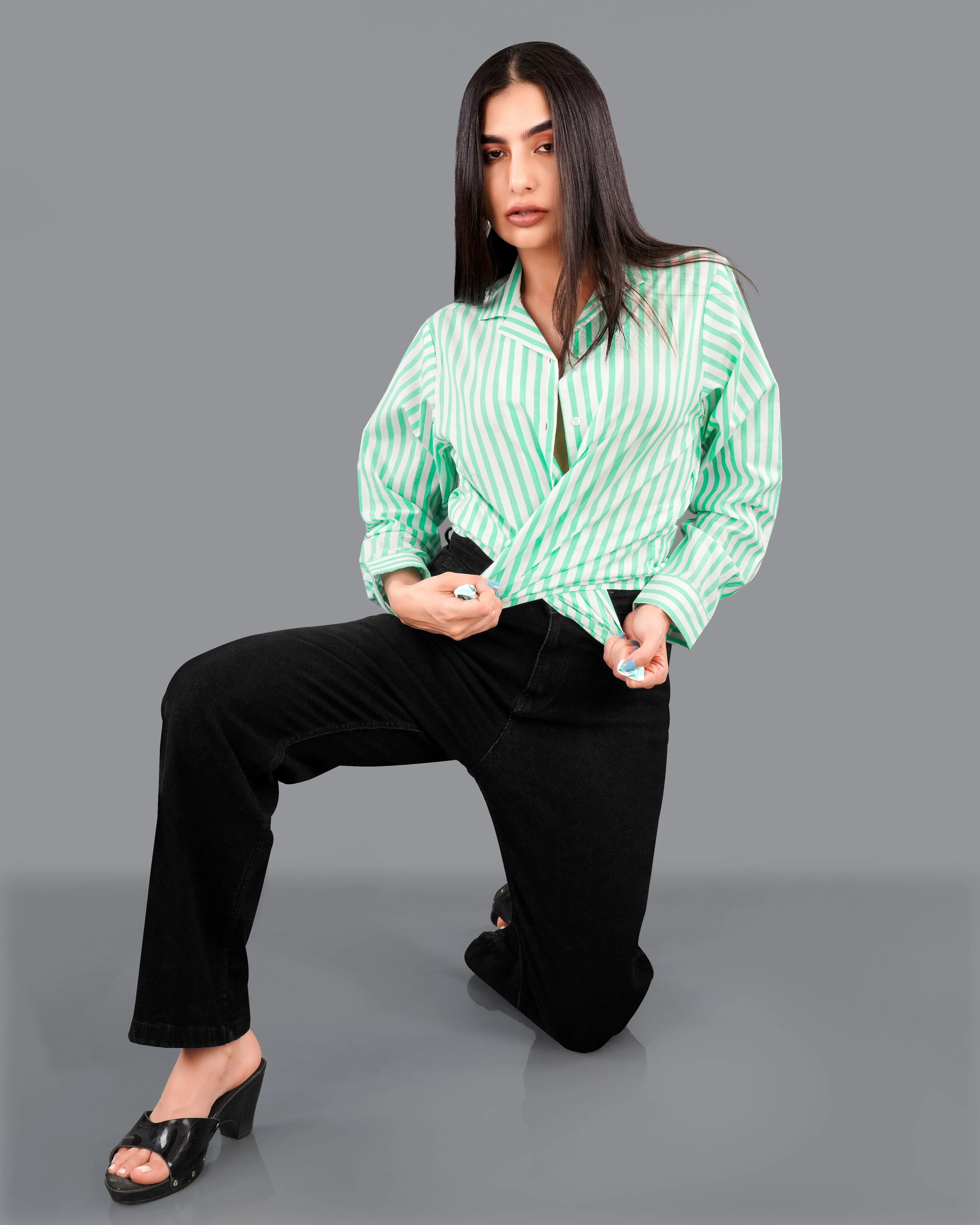 Riptide Green and White Striped Premium Cotton Shirt sold by French Crown product image thumbnail 4