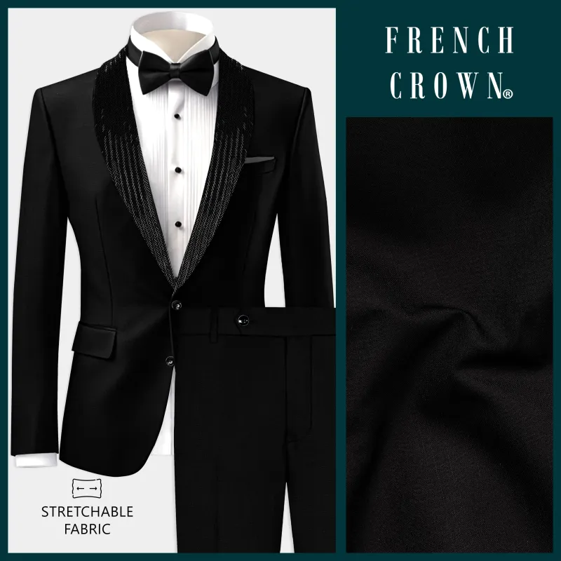 Jade Black Stretchable Subtle Sheen Wool Rich Hand Crafted Designer Tuxedo Suit made by French Crown