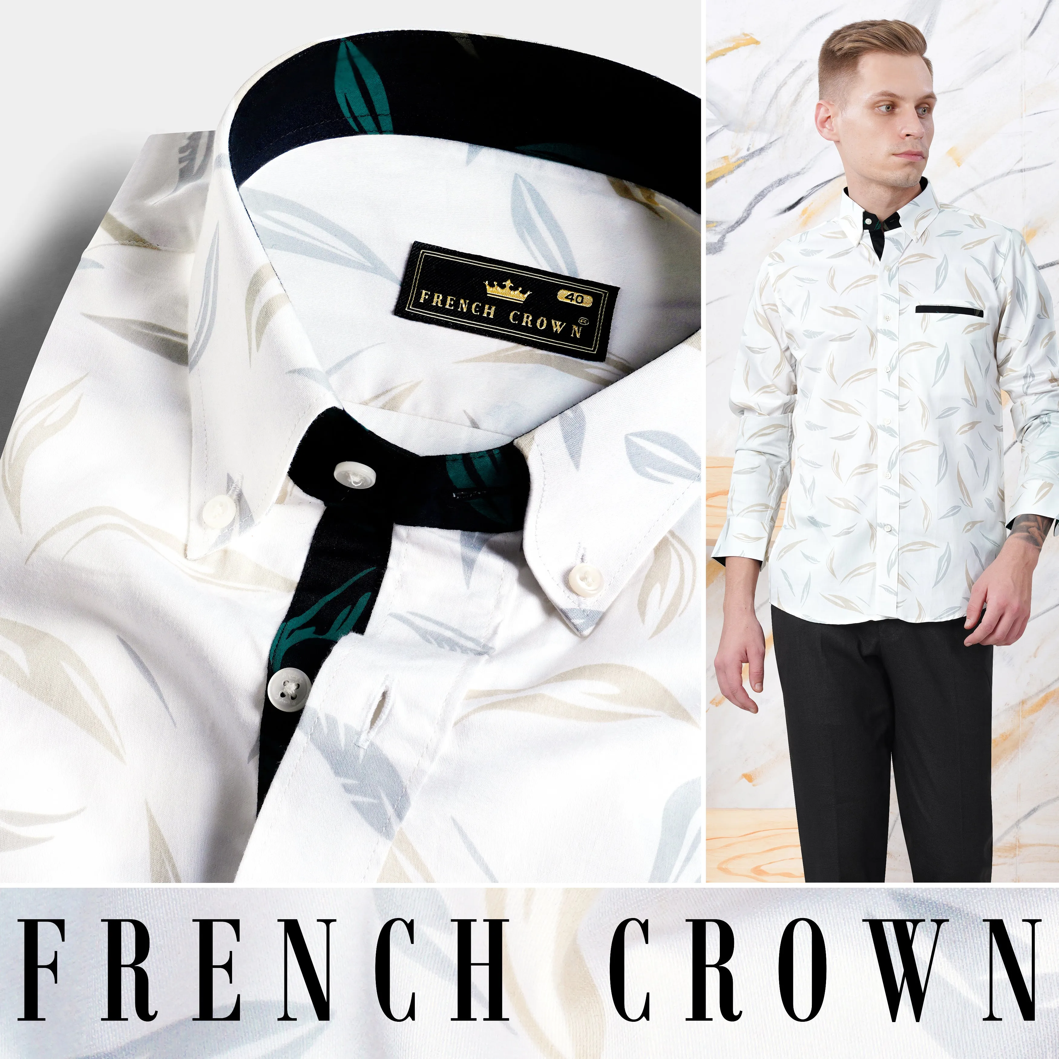 Bright White with Tango Gray and Bone Brown Printed Subtle Sheen Super Soft Premium Cotton Designer Shirt sold by French Crown product image thumbnail 4