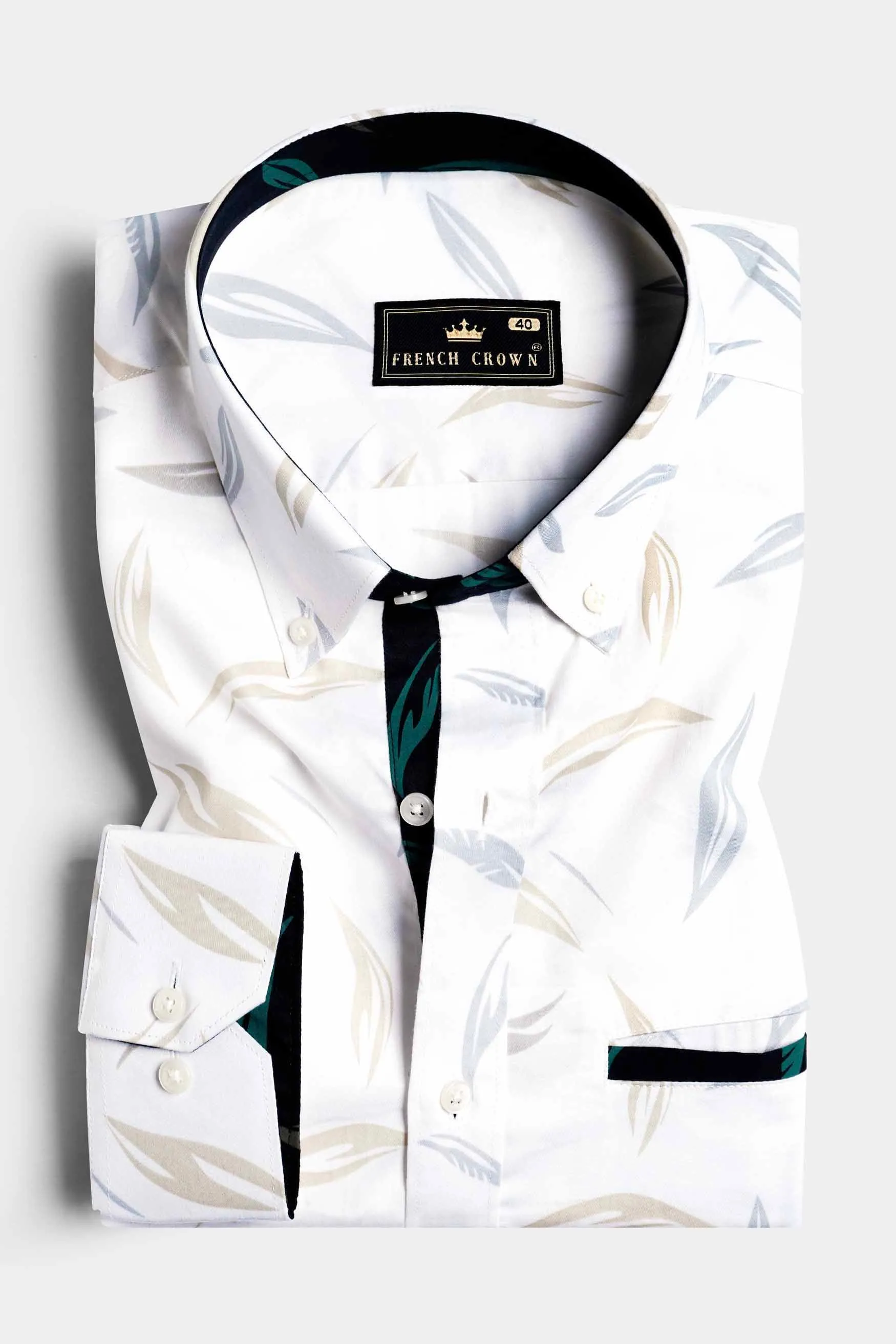 Bright White with Tango Gray and Bone Brown Printed Subtle Sheen Super Soft Premium Cotton Designer Shirt sold by French Crown product image thumbnail 3