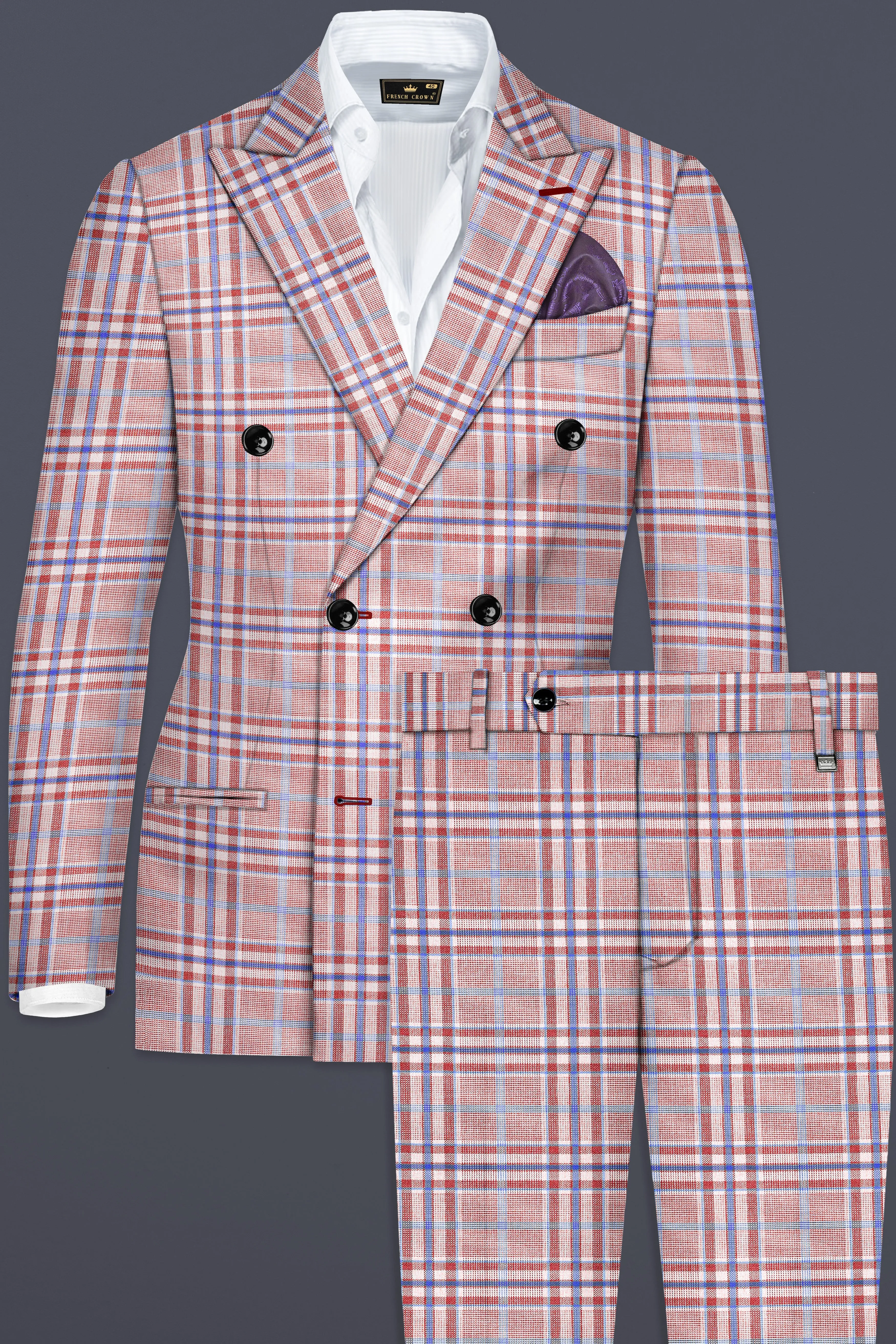 Turkish Rose Pink And Wild Blue Plaid Wool Rich Double Breasted Suit sold by French Crown product image thumbnail 2