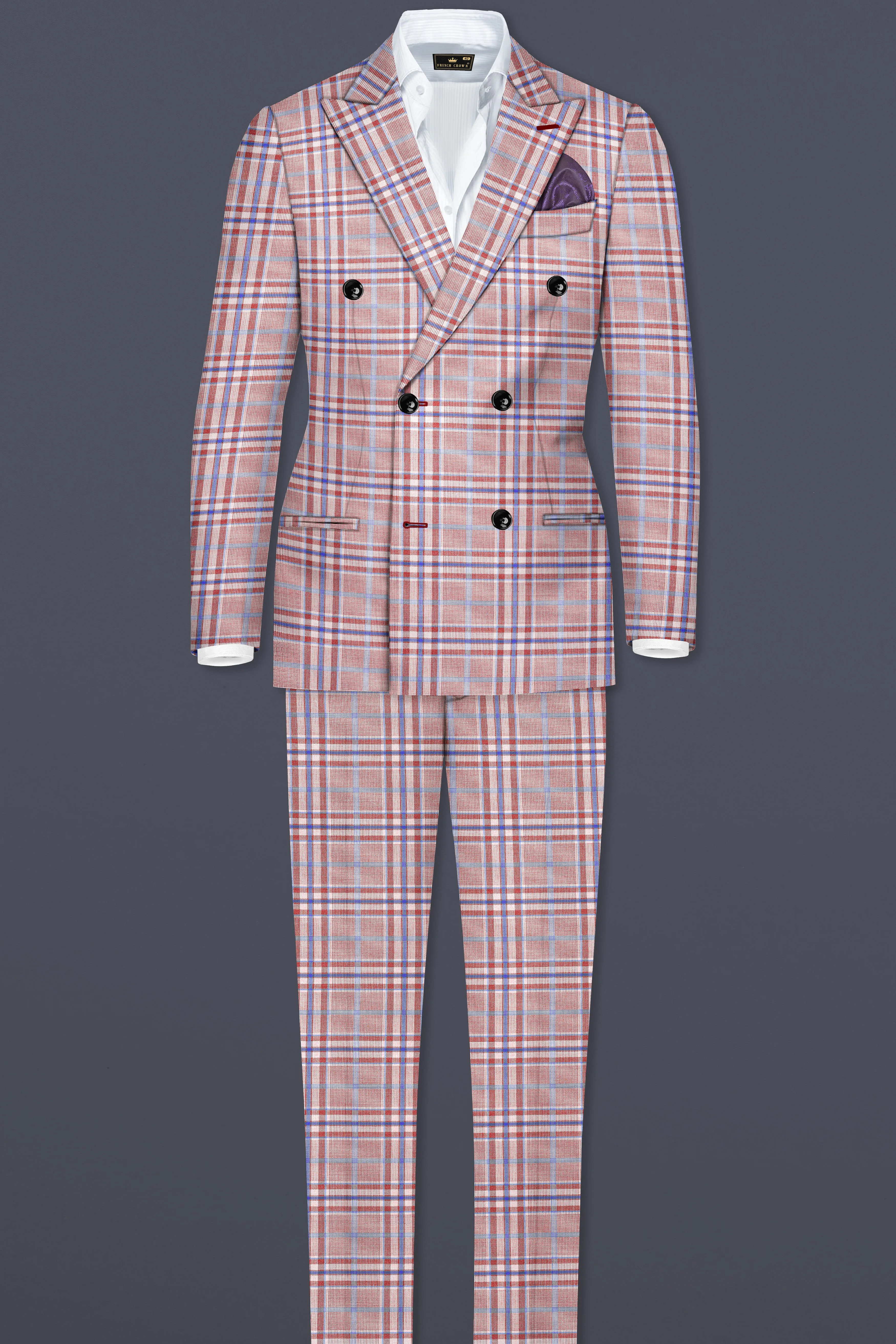 Turkish Rose Pink And Wild Blue Plaid Wool Rich Double Breasted Suit sold by French Crown product image thumbnail 4