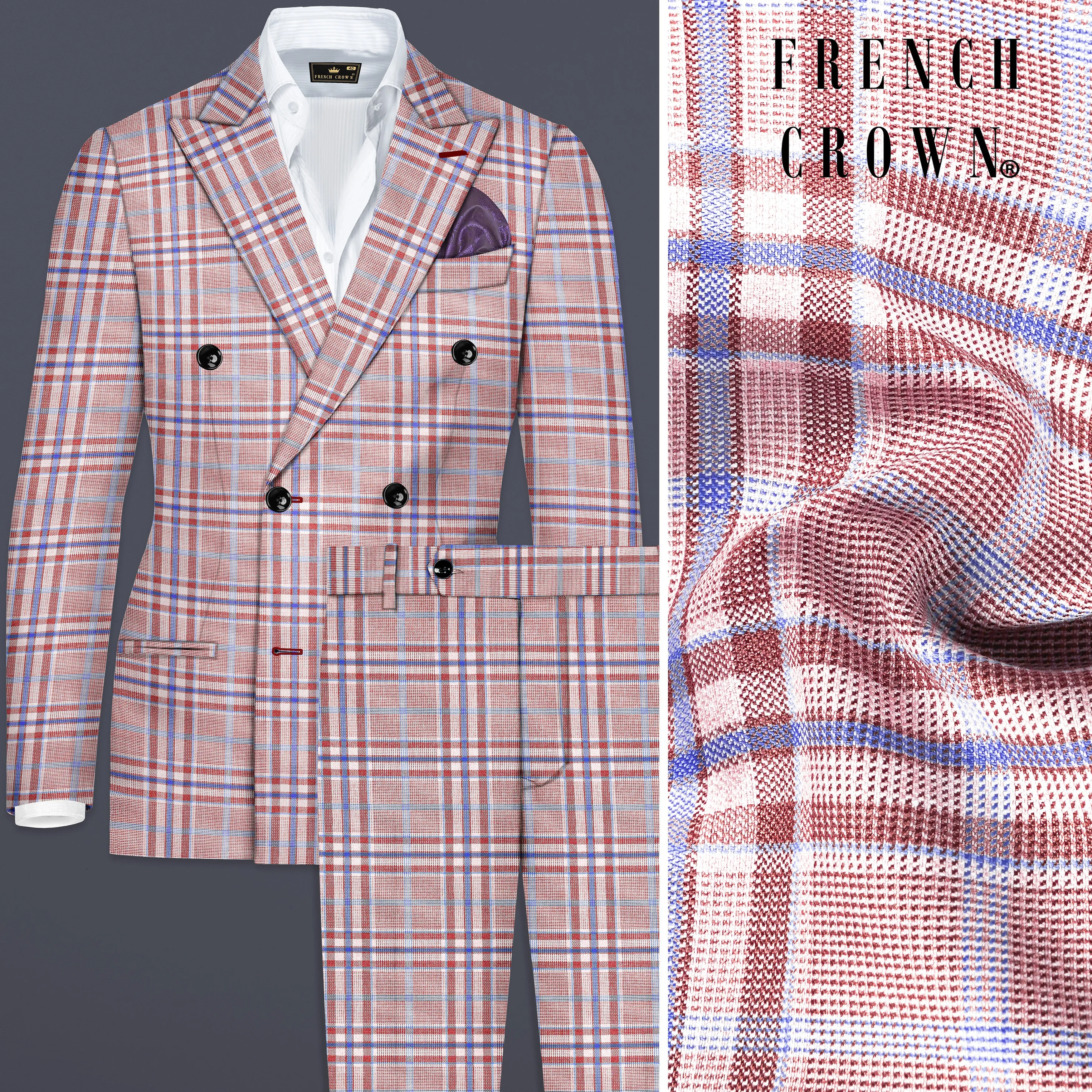 Turkish Rose Pink And Wild Blue Plaid Wool Rich Double Breasted Suit sold by French Crown