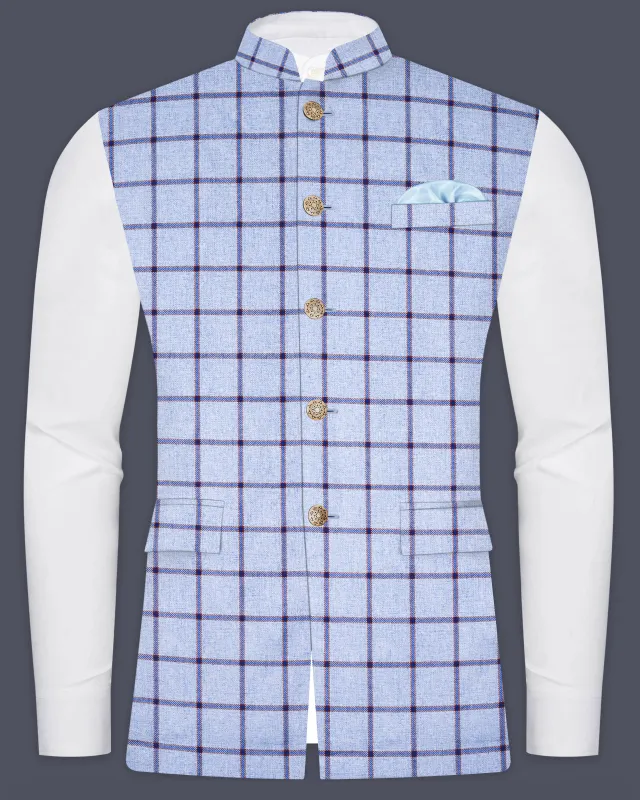 Spun Pearl Blue Checkered Bandhgala Nehru Jacket sold by French Crown