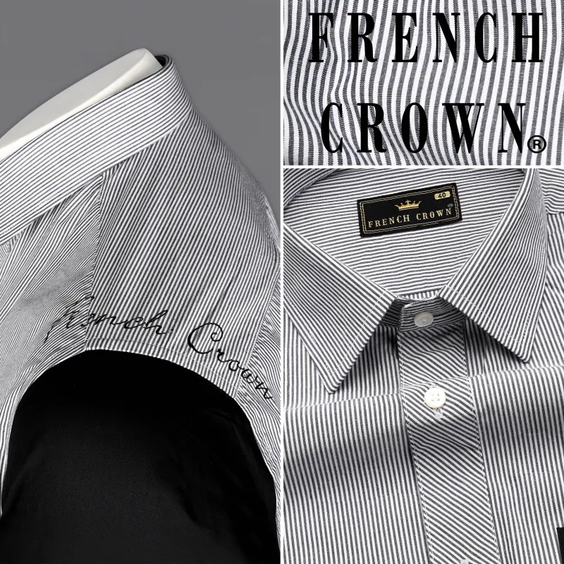 Bright White Pinstriped and Black Printed Premium Cotton Designer Shirt sold by French Crown