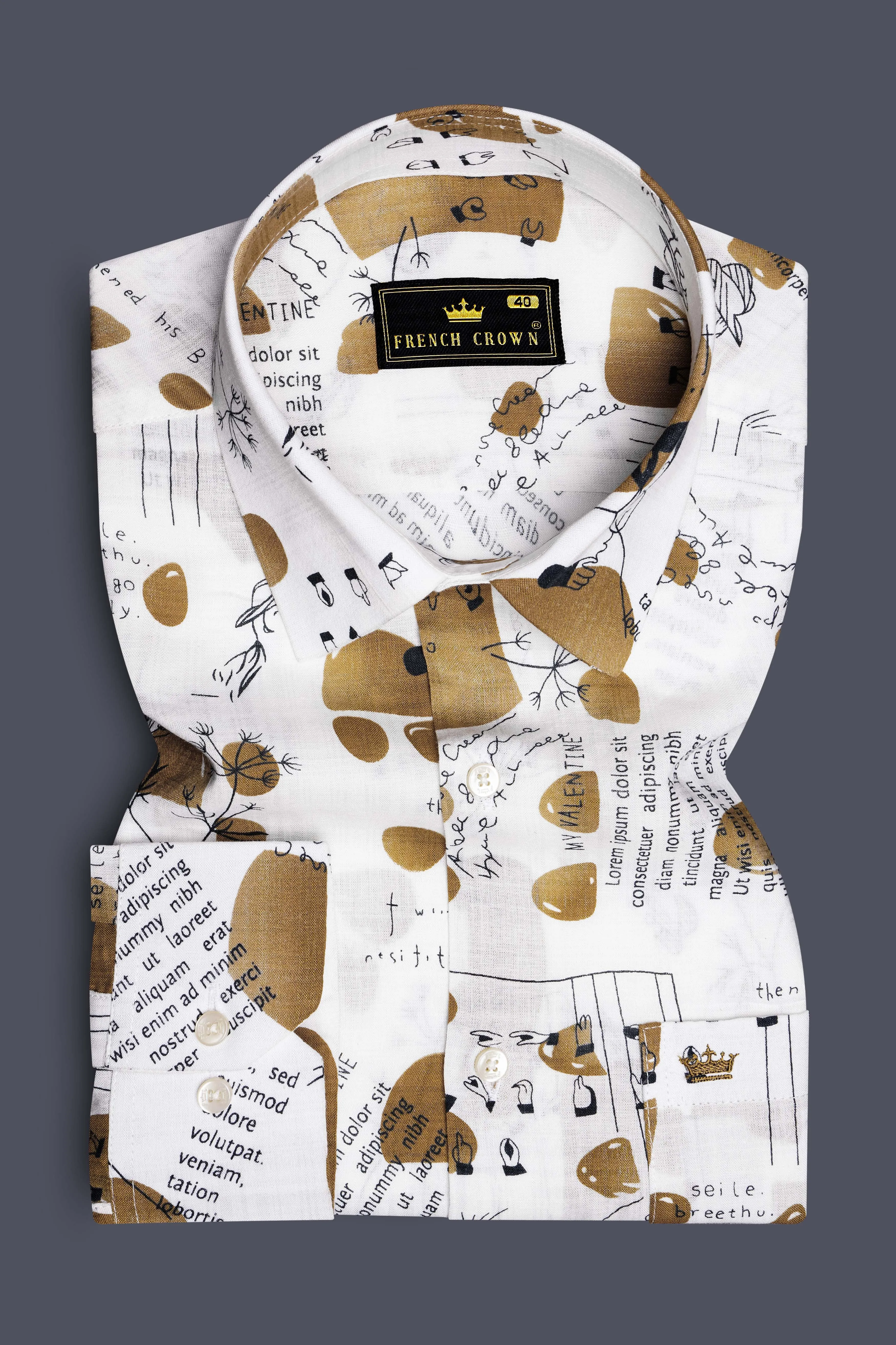 Vintage-Bright White and Muesli Brown Doodle Printed Lightweight Premium Cotton Casual Shirt sold by French Crown product image thumbnail 2