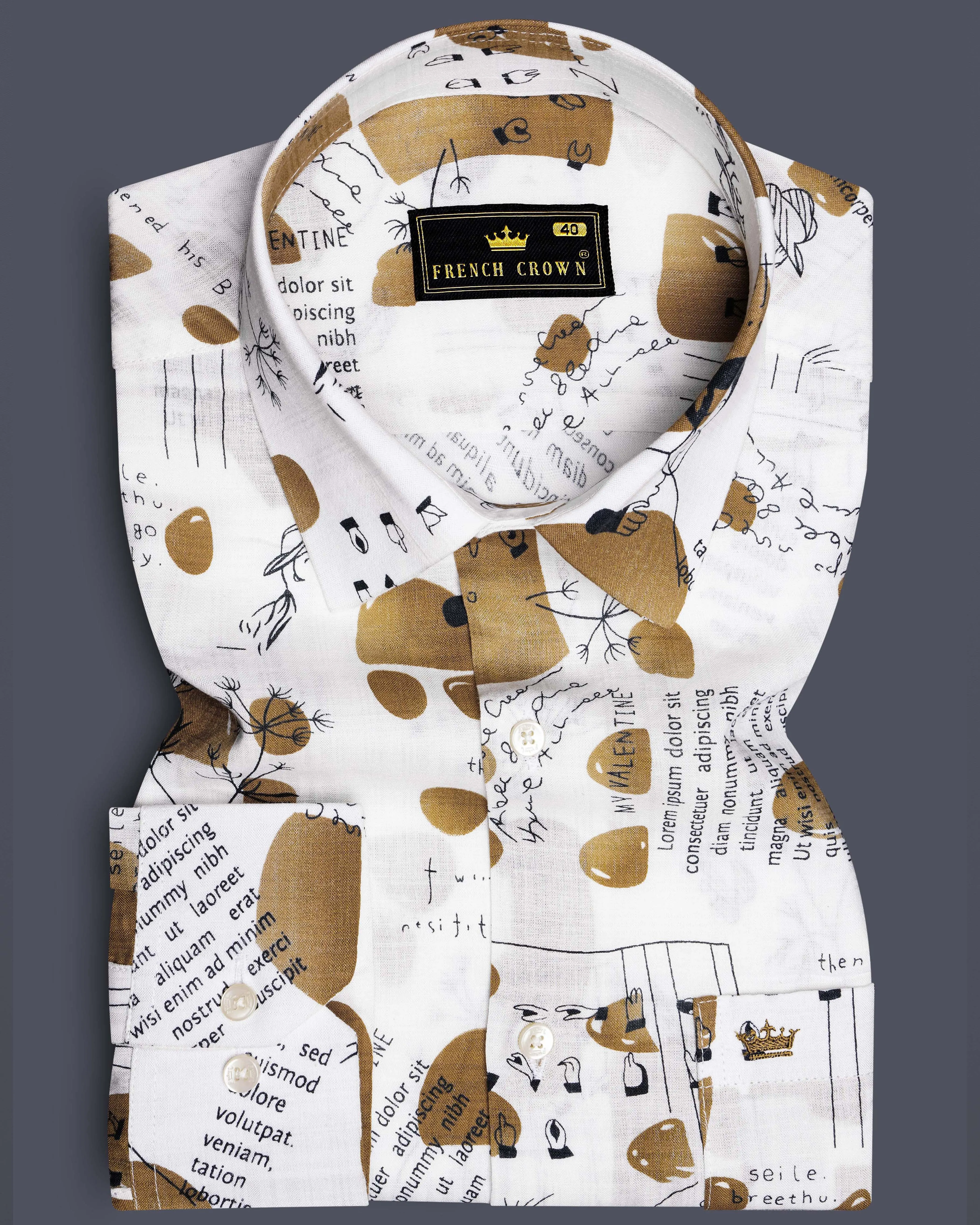 Vintage-Bright White and Muesli Brown Doodle Printed Lightweight Premium Cotton Casual Shirt sold by French Crown