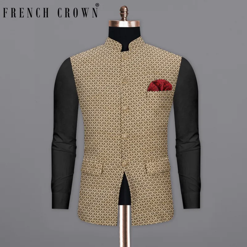 Shingle Fawn Brown and Sapling Beige Textured Nehru Jacket sold by French Crown