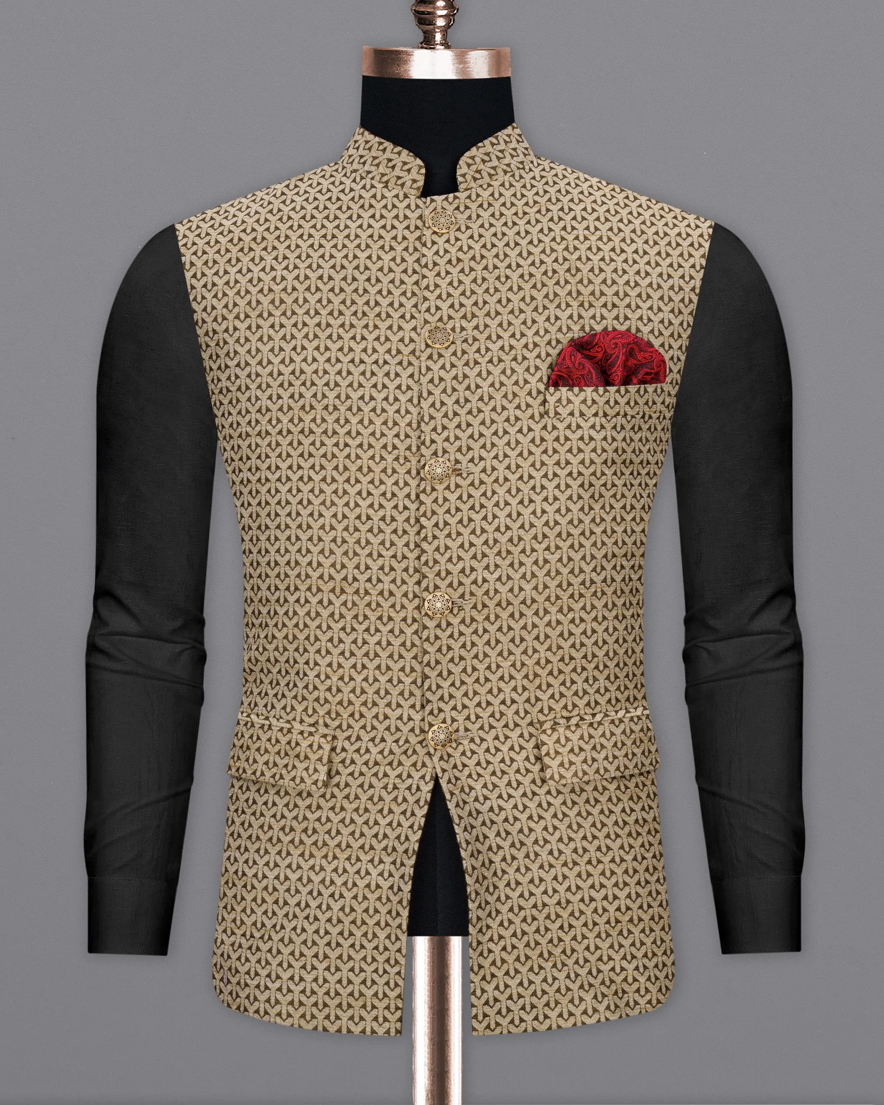 Shingle Fawn Brown and Sapling Beige Textured Nehru Jacket sold by French Crown product image thumbnail 2