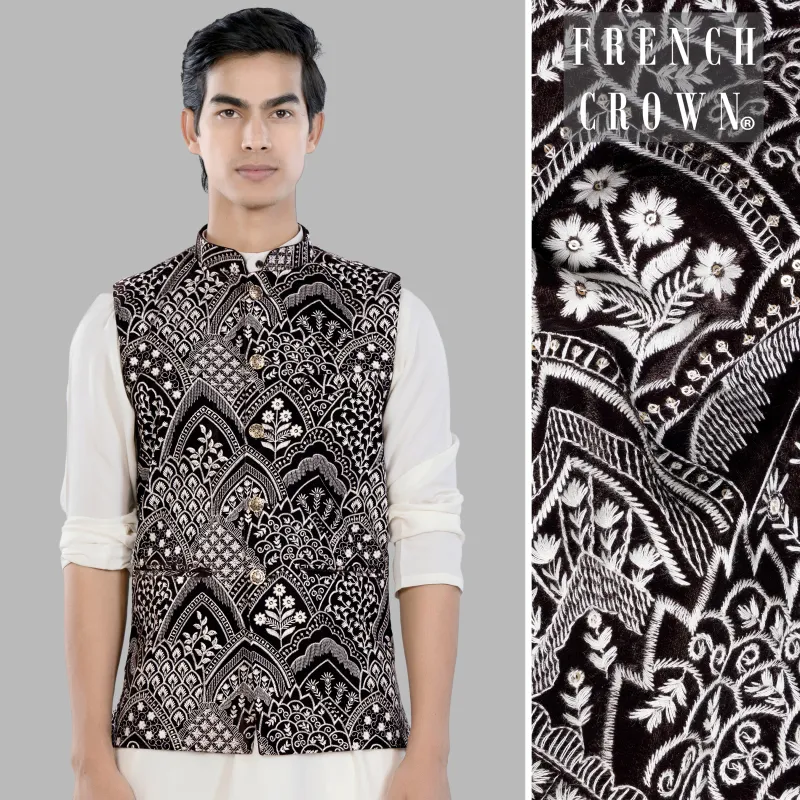 Crater Brown and White Floral Thread Embroidered Designer Nehru Jacket sold by French Crown