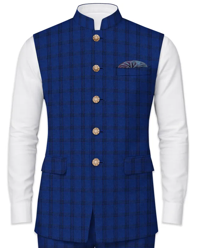 Cloud Burst Blue With Black Plaid Nehru Jacket sold by French Crown