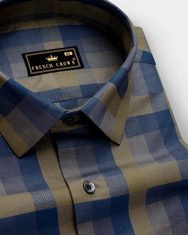 Makara-Downriver Blue And Makara Brown Plaid Jacquard Textured Premium Cotton Dress Shirt sold by French Crown