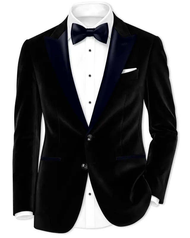 Jadevel-Jade Black With Blue Peak Lepal Velvet Tuxedo Blazer made by French Crown