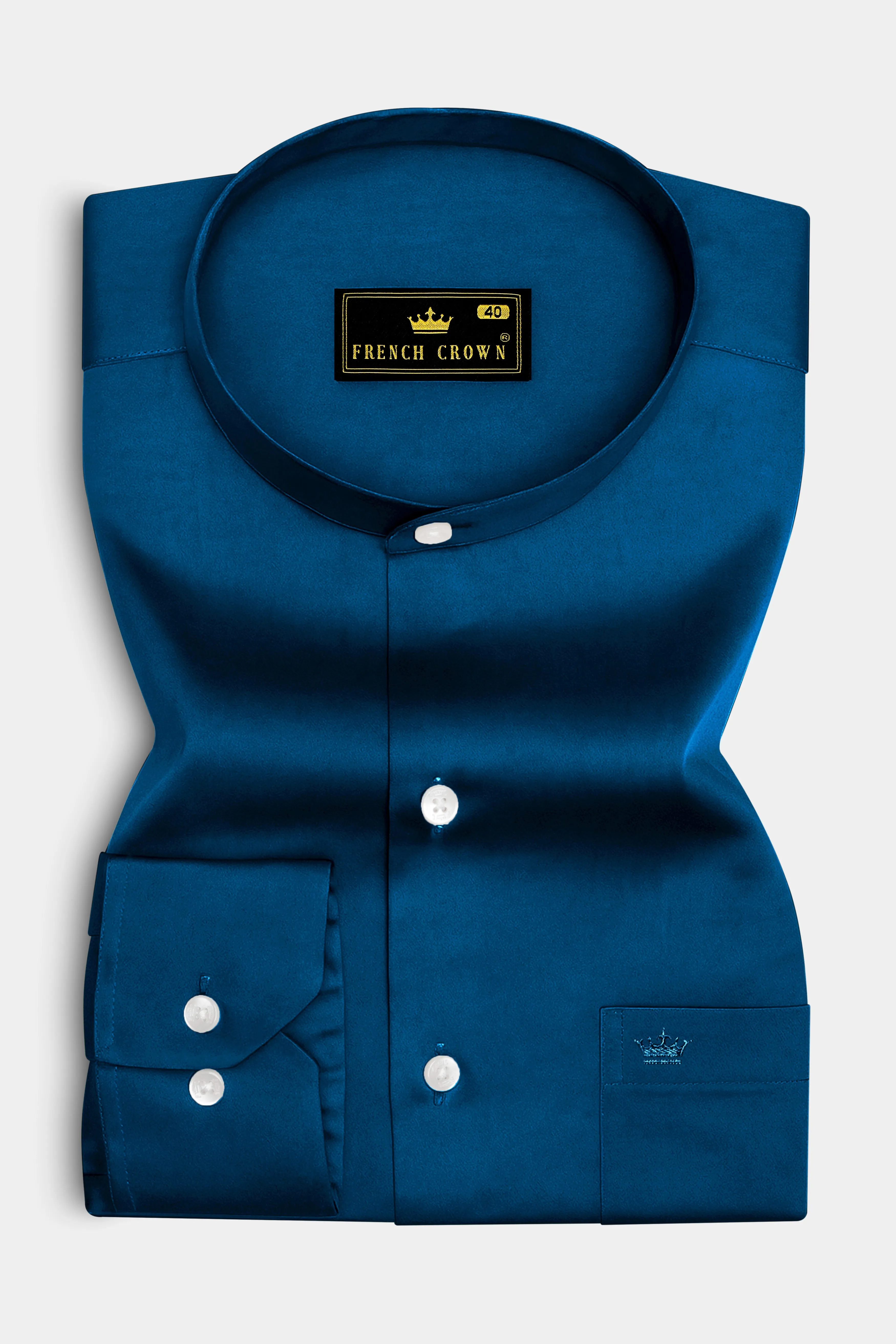 Aureblu-Prussian Blue Subtle Sheen Super Soft Premium Cotton Mandarin Shirt sold by French Crown product image thumbnail 4