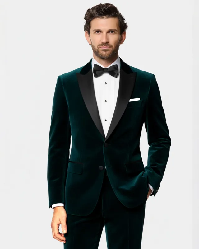 Emerivell-Burnham Green Velvet Peak Lapel Tuxedo Suit sold by French Crown