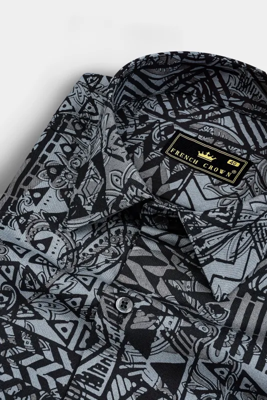 Jade Black with Mid Grey Abstract Printed Giza Cotton Shirt sold by French Crown