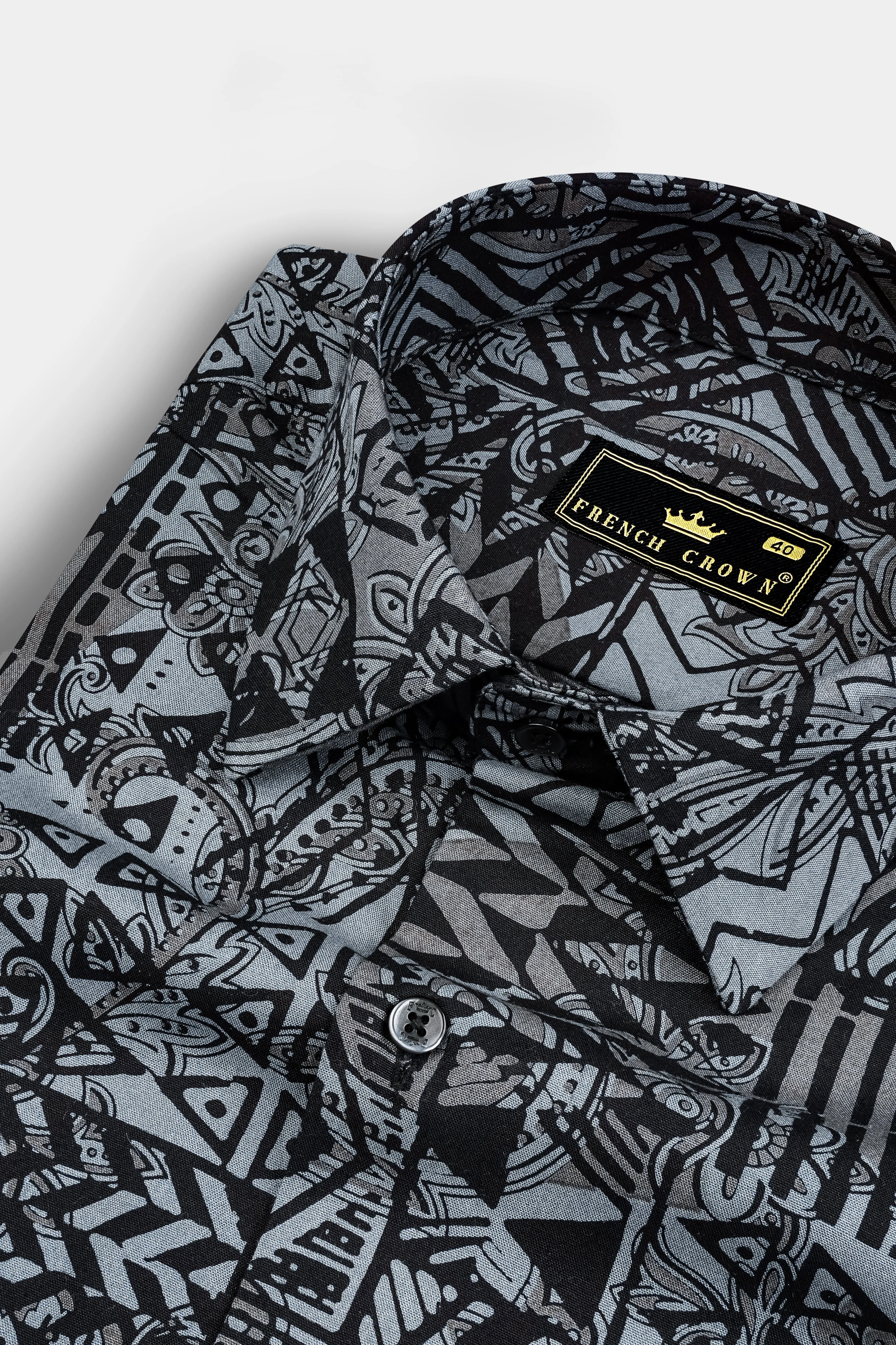 Jade Black with Mid Grey Abstract Printed Giza Cotton Shirt sold by French Crown