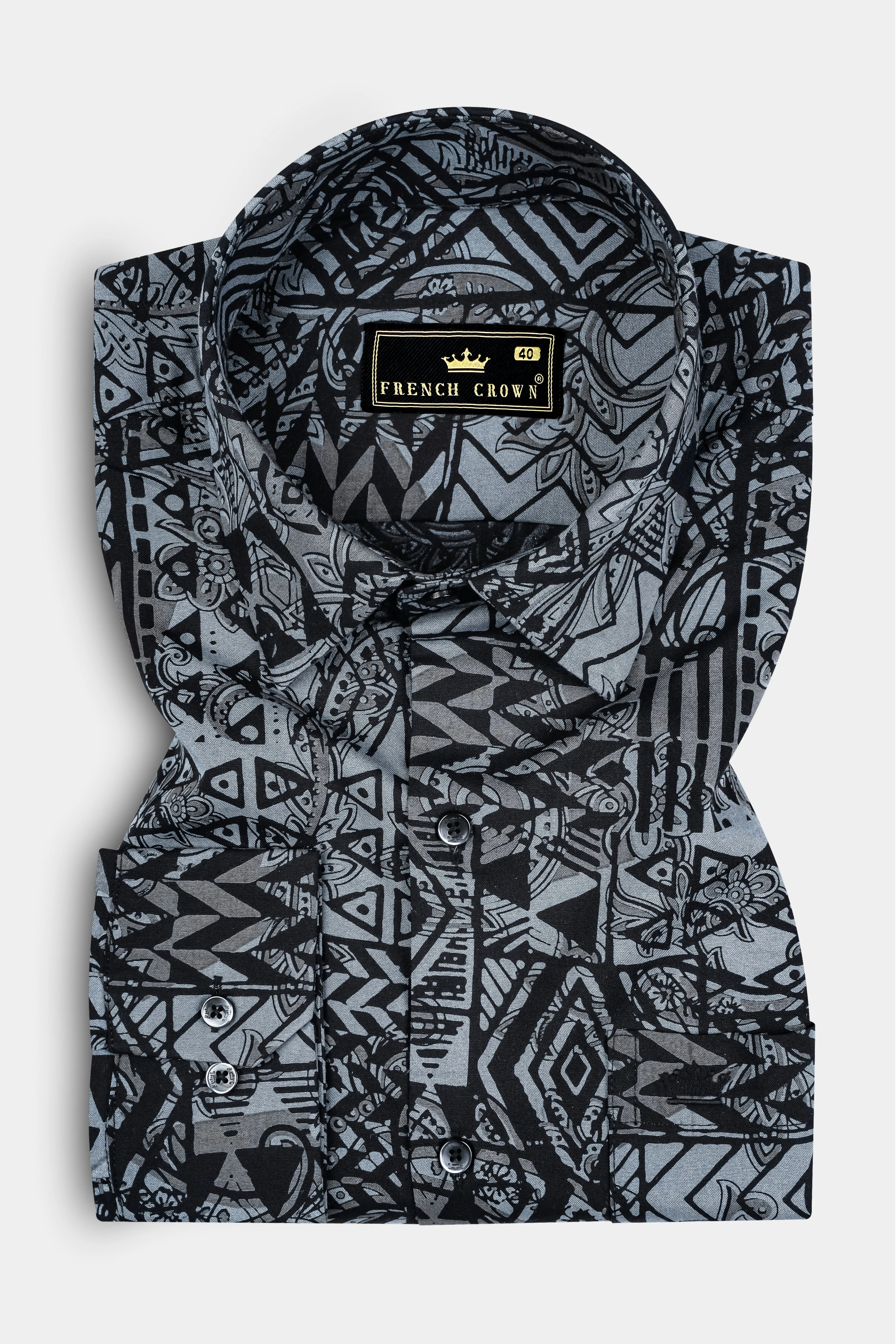Jade Black with Mid Grey Abstract Printed Giza Cotton Shirt sold by French Crown product image thumbnail 3