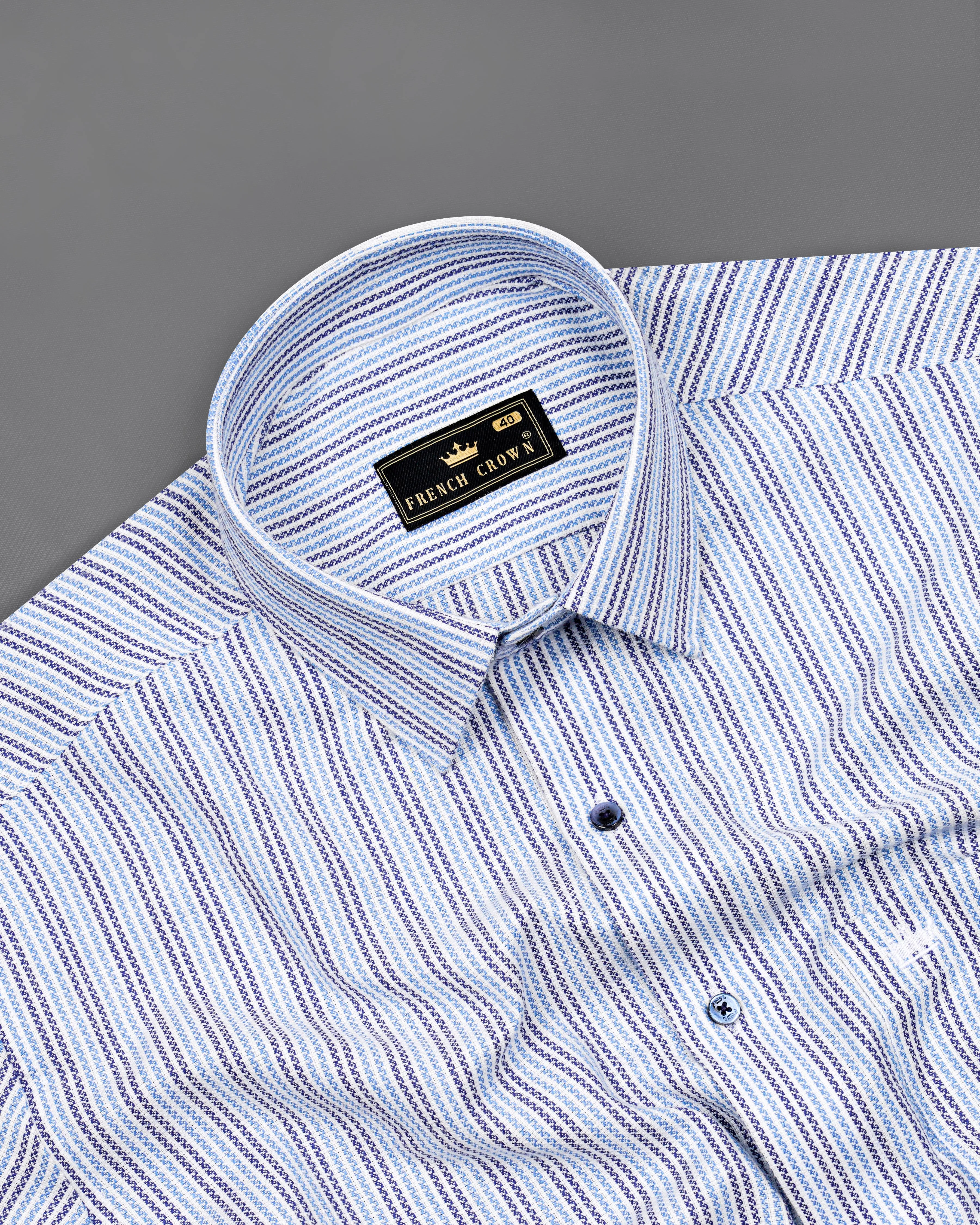 Bright White with Jordy Blue and Blue Striped Dobby Textured Premium Giza Cotton Shirt sold by French Crown product image thumbnail 4