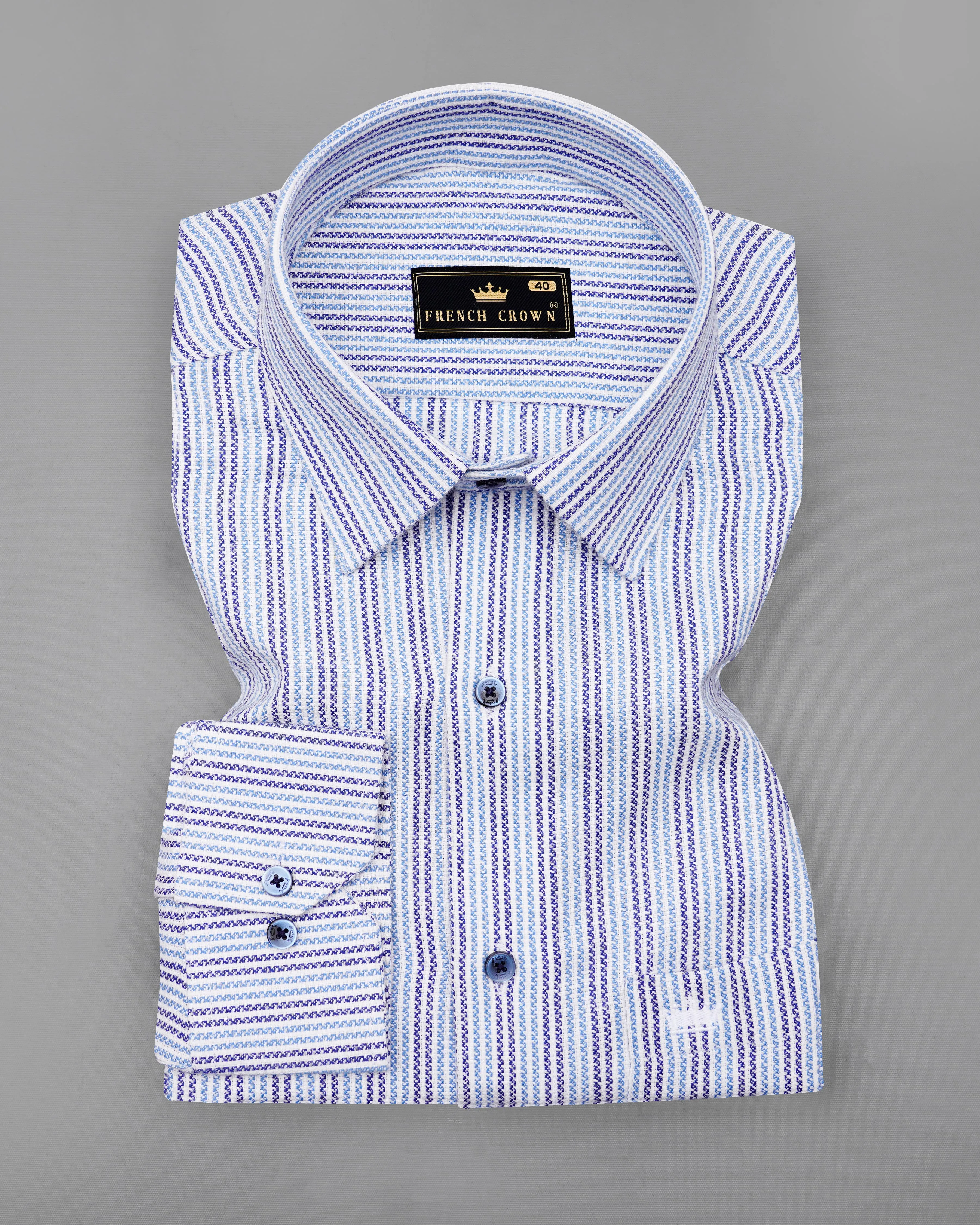 Bright White with Jordy Blue and Blue Striped Dobby Textured Premium Giza Cotton Shirt sold by French Crown product image thumbnail 3